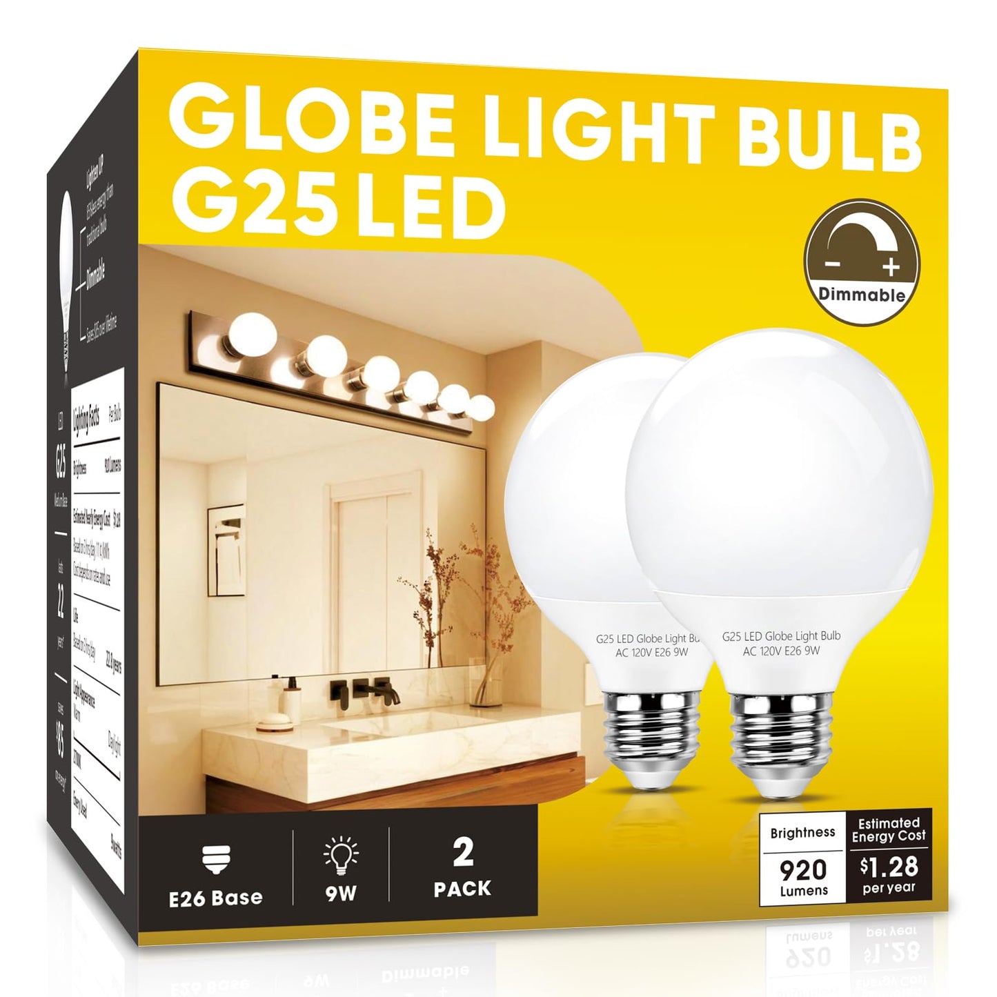 mfxmf G25 LED Globe Light Bulbs,Dimmable Bathroom Vanity Light Bulbs E26 Base,9W (90W Equivalent), Round Light Bulbs for Bedroom Makeup Mirror, 920LM
