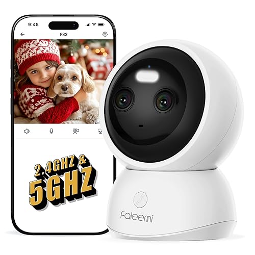 faleemi Dual Lens 2.4/5GHz WiFi Security Camera, 360° PTZ 2K Indoor Nanny Cams with Phone App, 2-Way Audio, Motion Tracking, Night Vision,