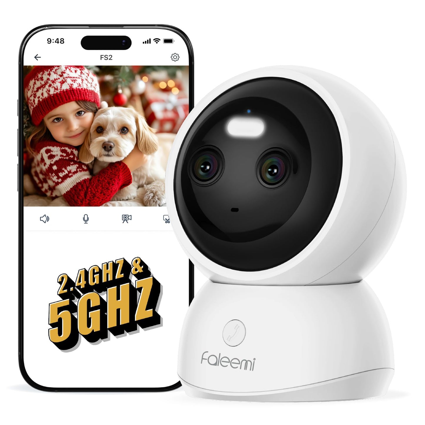 faleemi Dual Lens 2.4/5GHz WiFi Security Camera, 360° PTZ 2K Indoor Nanny Cams with Phone App, 2-Way Audio, Motion Tracking, Night Vision,
