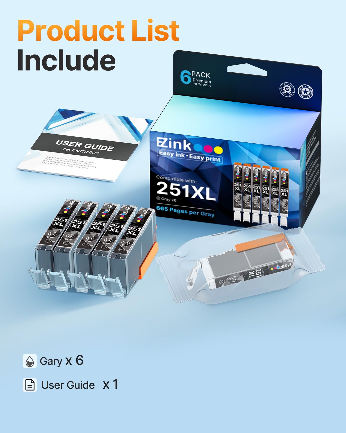 251XL Ink Cartridge for Canon CLI-250XL 251 XL for IP8720 MG6320(6 Gray)
