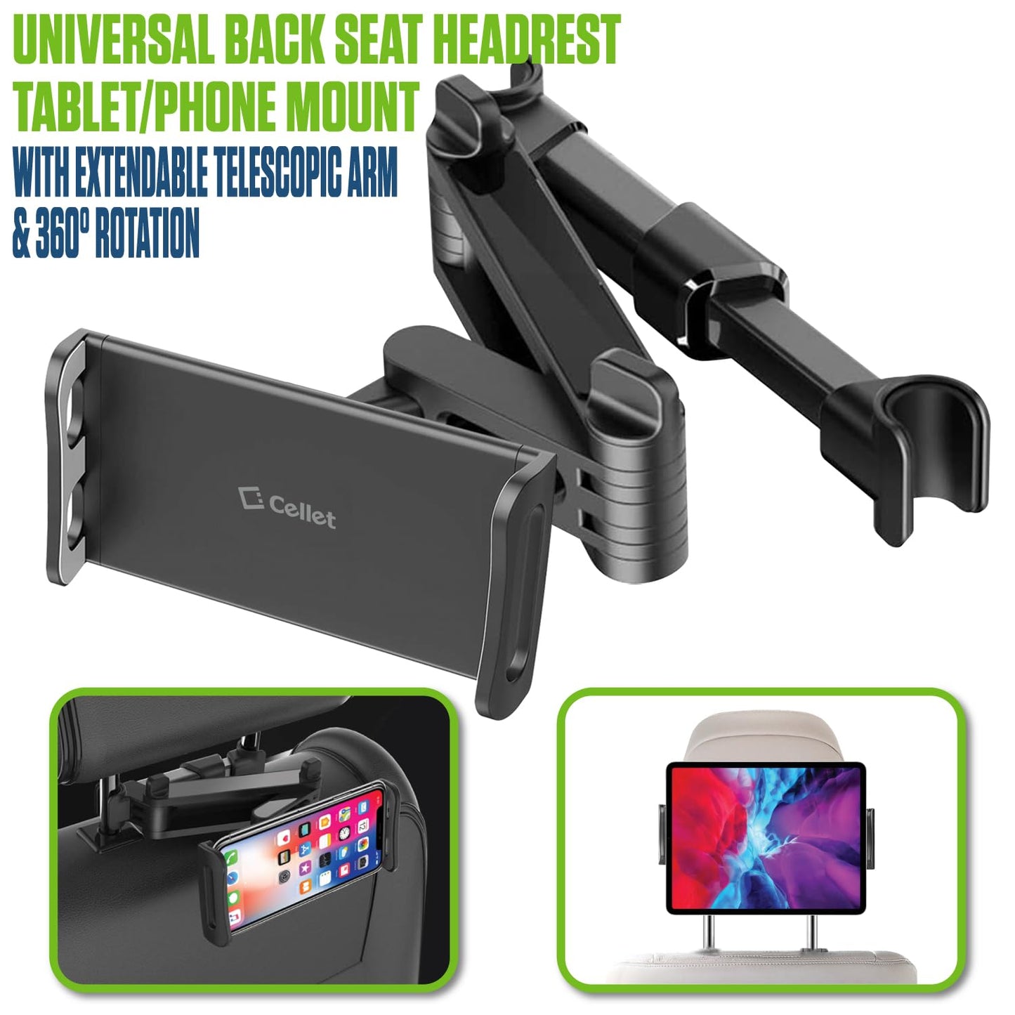 Cellet Universal Car Headrest Mount for Tablets & Phones - 360° Rotating Back Seat Tablet Holder with Extendable Arm - Compatible with iPad