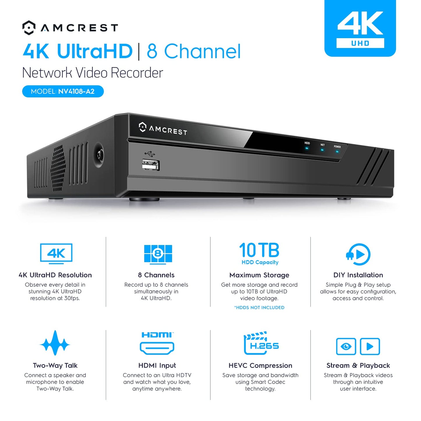 Amcrest NV4108-A2 4K 8CH NVR (1080p/3MP/4MP/5MP/8MP) Network Video Recorder - Supports up to 8 x 8MP/4K IP Cameras, 8-Channel, Supports up to 10TB