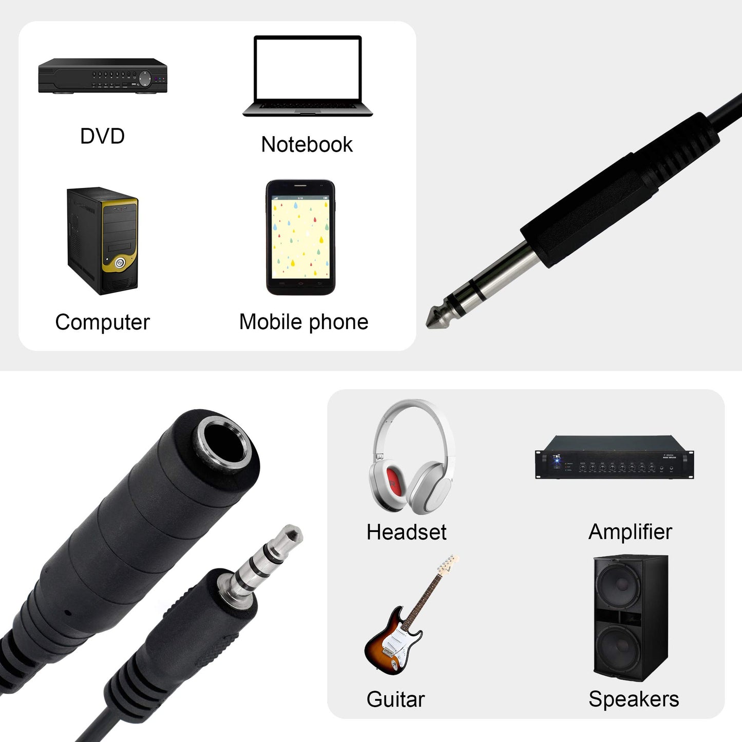 GINTOOYUN 6.35mm TRS Male to 1/4 TRS Female Stereo Headphone Y Splitter Extension Cable