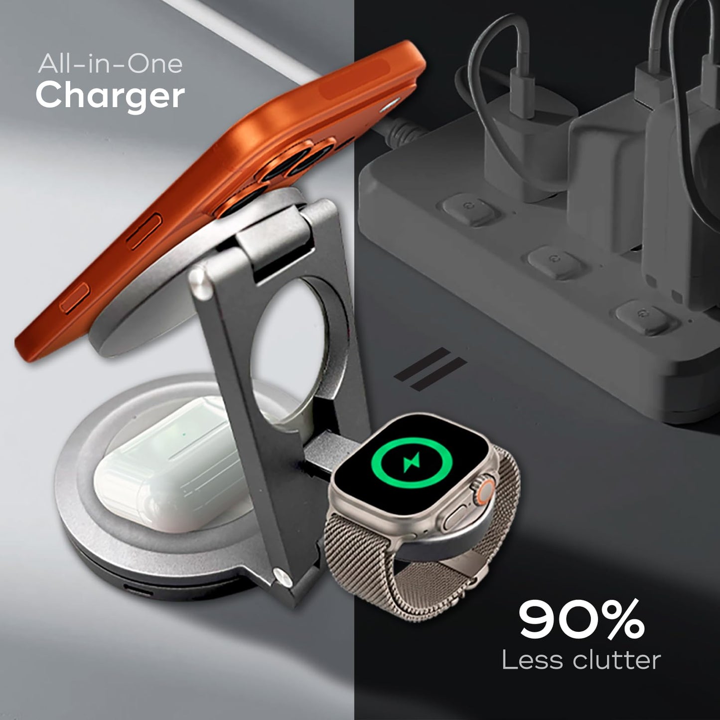 CenciTech 3 in 1 Aluminum Wireless Charging Station for iPhone 17/16/15/14 Pro Max, Apple Watch & AirPods | MagSafe Compatible Foldable Fast Travel