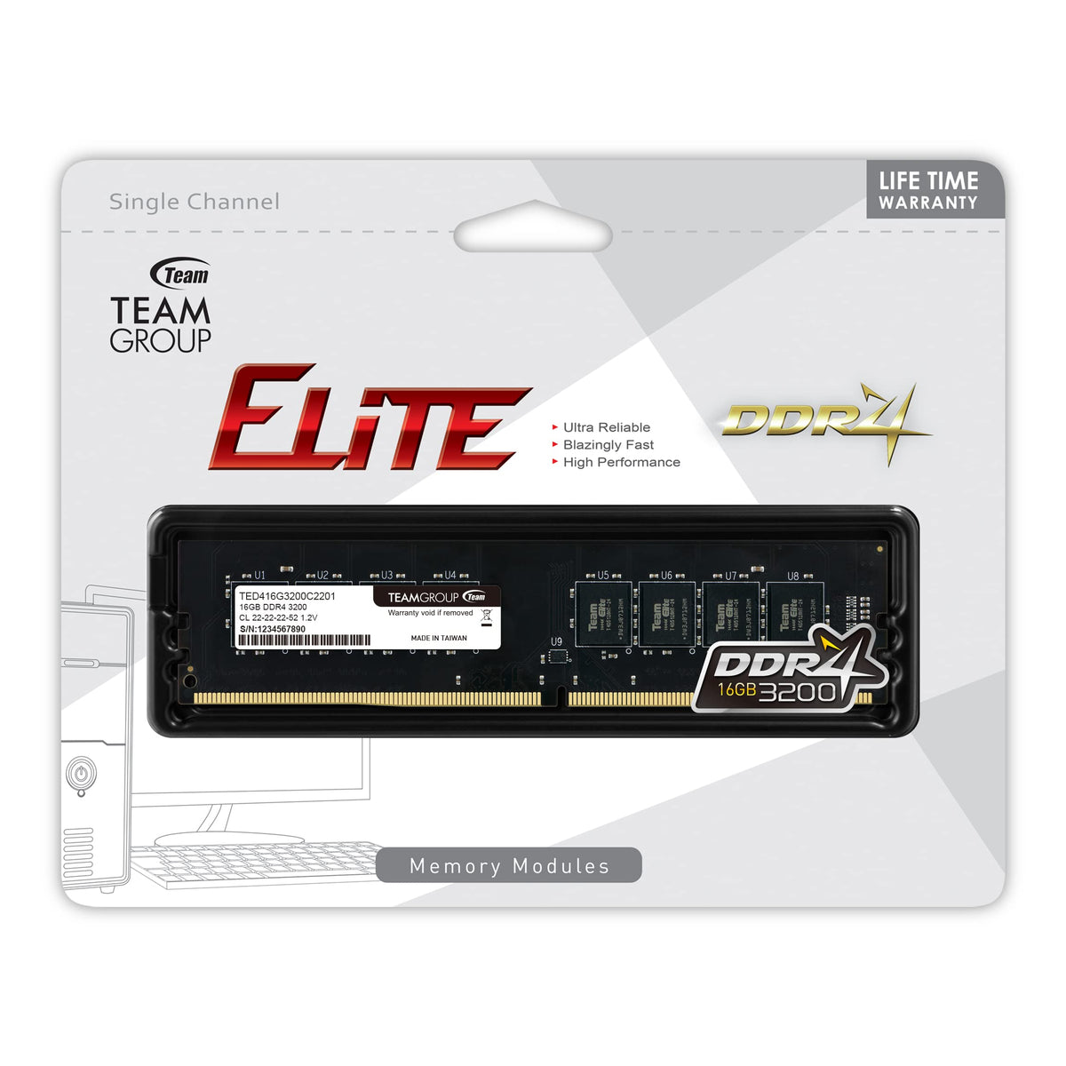 TEAMGROUP Elite DDR4 16GB Single (1 x 16GB) 3200MHz PC4-25600 CL22 (2933MHz or 2666MHz) Unbuffered Non-ECC 1.2V UDIMM 288 Pin PC Computer Desktop