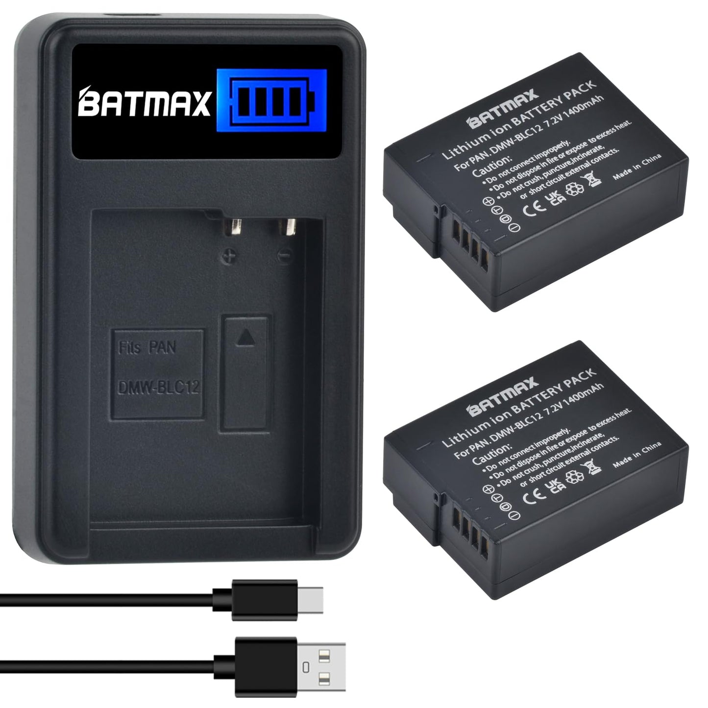 Batmax 2X DMW-BLC12 Battery + Quick LCD Charger for Panasonic DMC-GX8 DMC-FZ200 DMC-FZ300 DMC-FZ1000 DMC-FZ2500 Lumix DC-FZ1000 II DC-G97 DC-G95