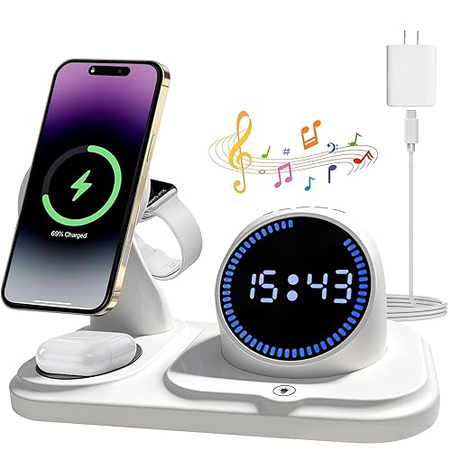 6-in-1 Wireless Charging Station with Bluetooth Speaker,Digital Clock and Ambient Lights,Fast Wireless Charger for for Multiple Devices for Apple
