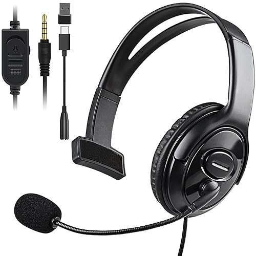 Wired Single Ear Headset with 3.5mm Jack & USB-C & USB-A Adapter for PS5, PS4, Xbox, Switch, PC, iPhone, iPad, Android - Unilateral Mono Headphone