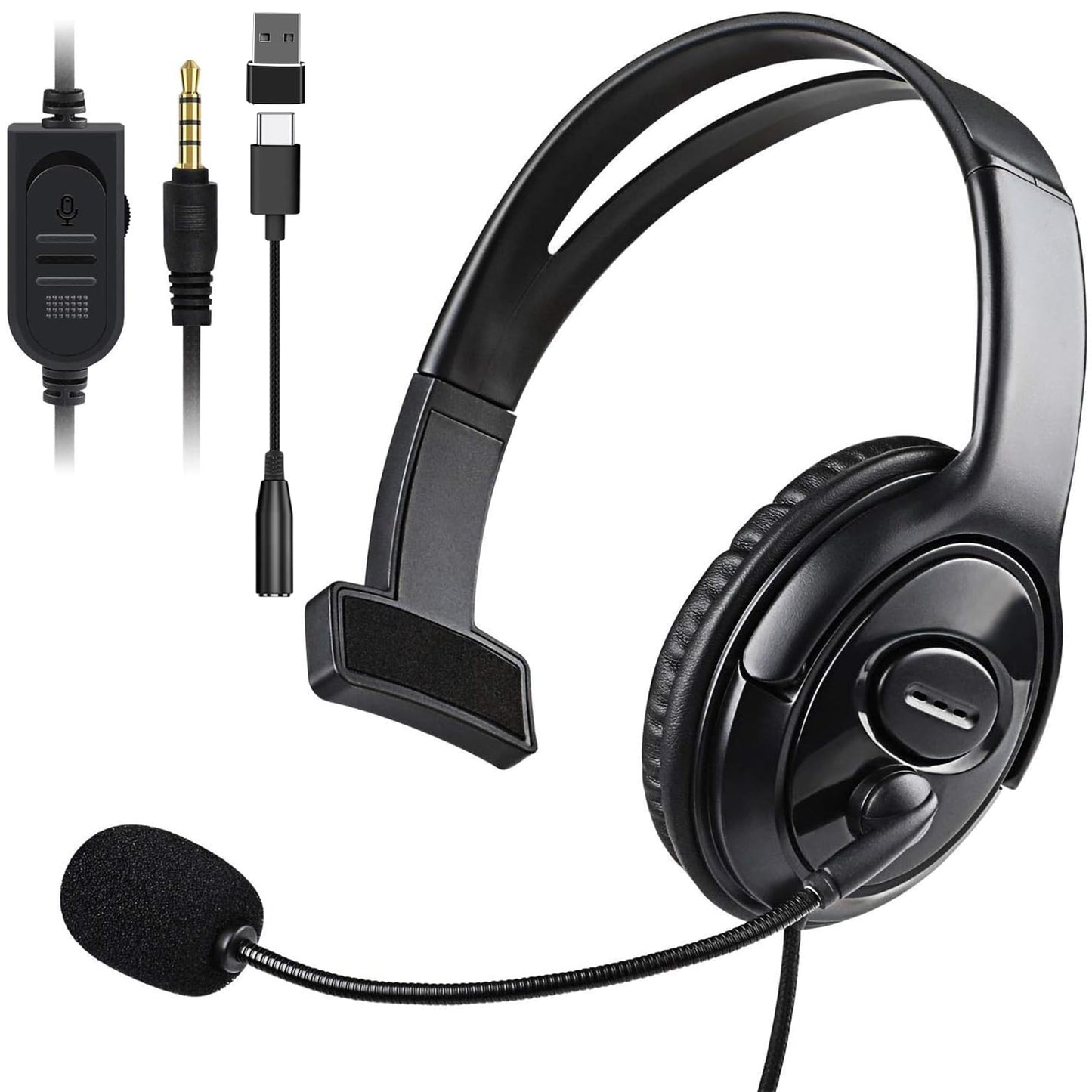 Wired Single Ear Headset with 3.5mm Jack & USB-C & USB-A Adapter for PS5, PS4, Xbox, Switch, PC, iPhone, iPad, Android - Unilateral Mono Headphone