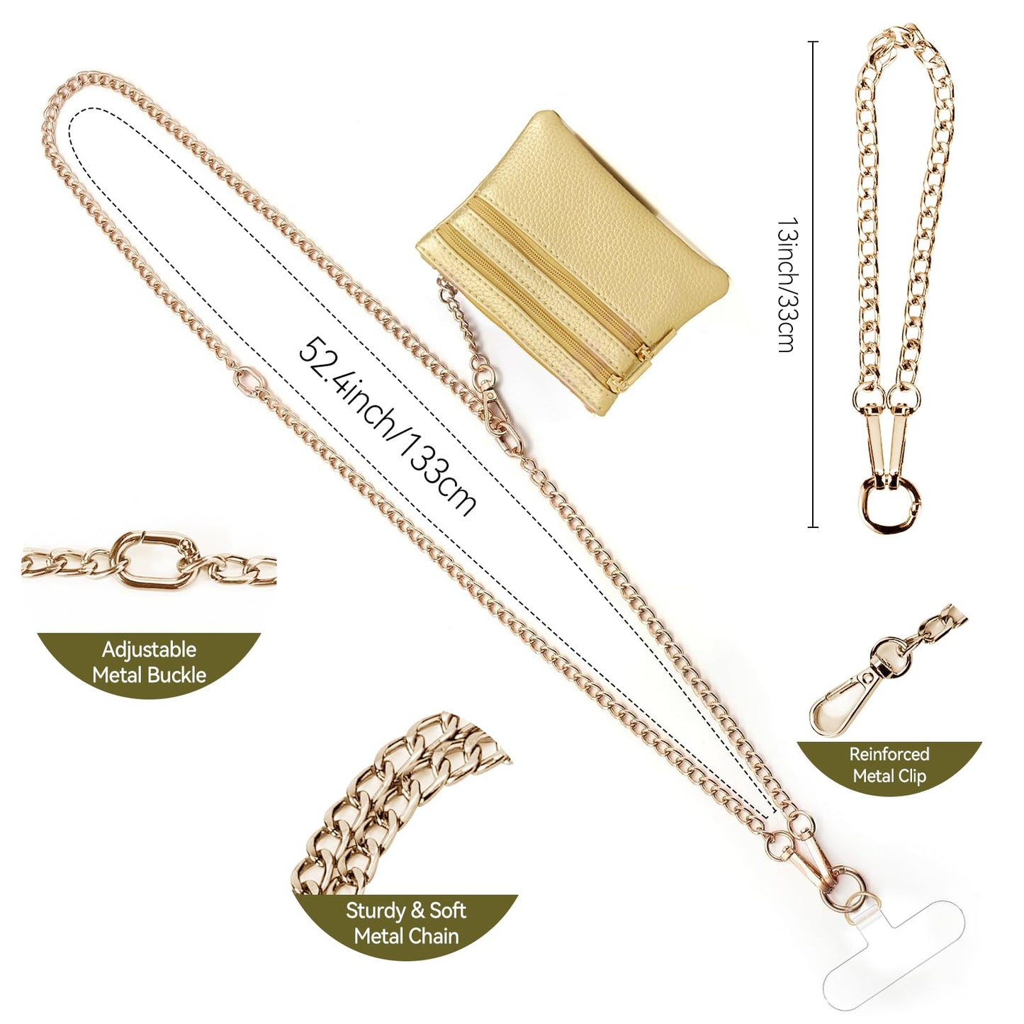 Clip and Go Strap for Phone Gold Metal Chain with Gold Purse Wallet Crossbody Phone Lanyard for Women with Cell Phone Stand Holder 2 Patches Tether