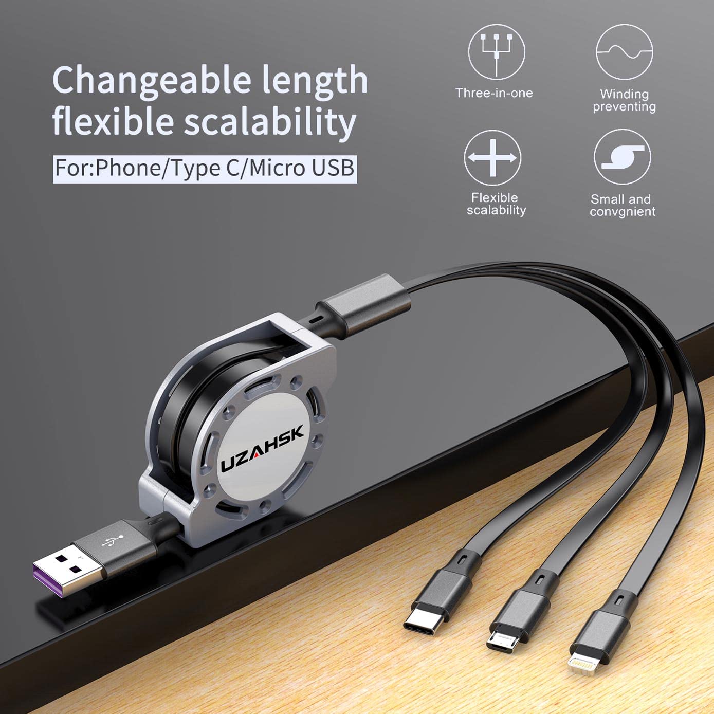 UZAHSK Multi Charging Cable 4ft 3 in 1 USB Retractable Phone Charger Cable with Type C/iOS/Micro USB Port Connector, Compatible with Cell Phones