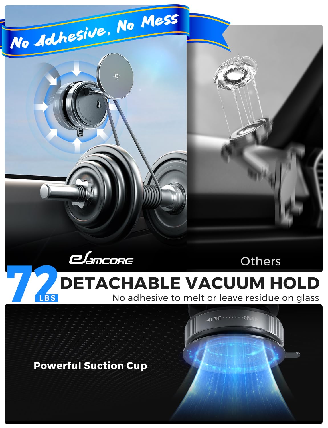 eSamcore Vacuum Magnetic Phone Holder for Car, for Magsafe Car Mount for Windshield, Foldable Stand Suction Cup for Mirror, Glass, Screen, Gym, Smooth