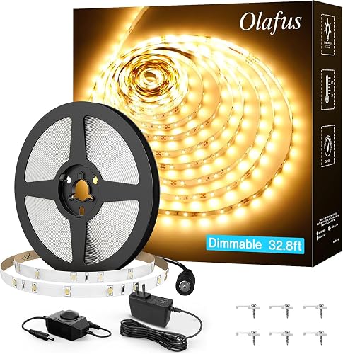 Olafus 32.8ft LED Strip Lights Warm White, Dimmable Soft White Light Strip 3000K with Adhesive Clips, 12V 10M Flexible Led Lights for Bedroom Indoor