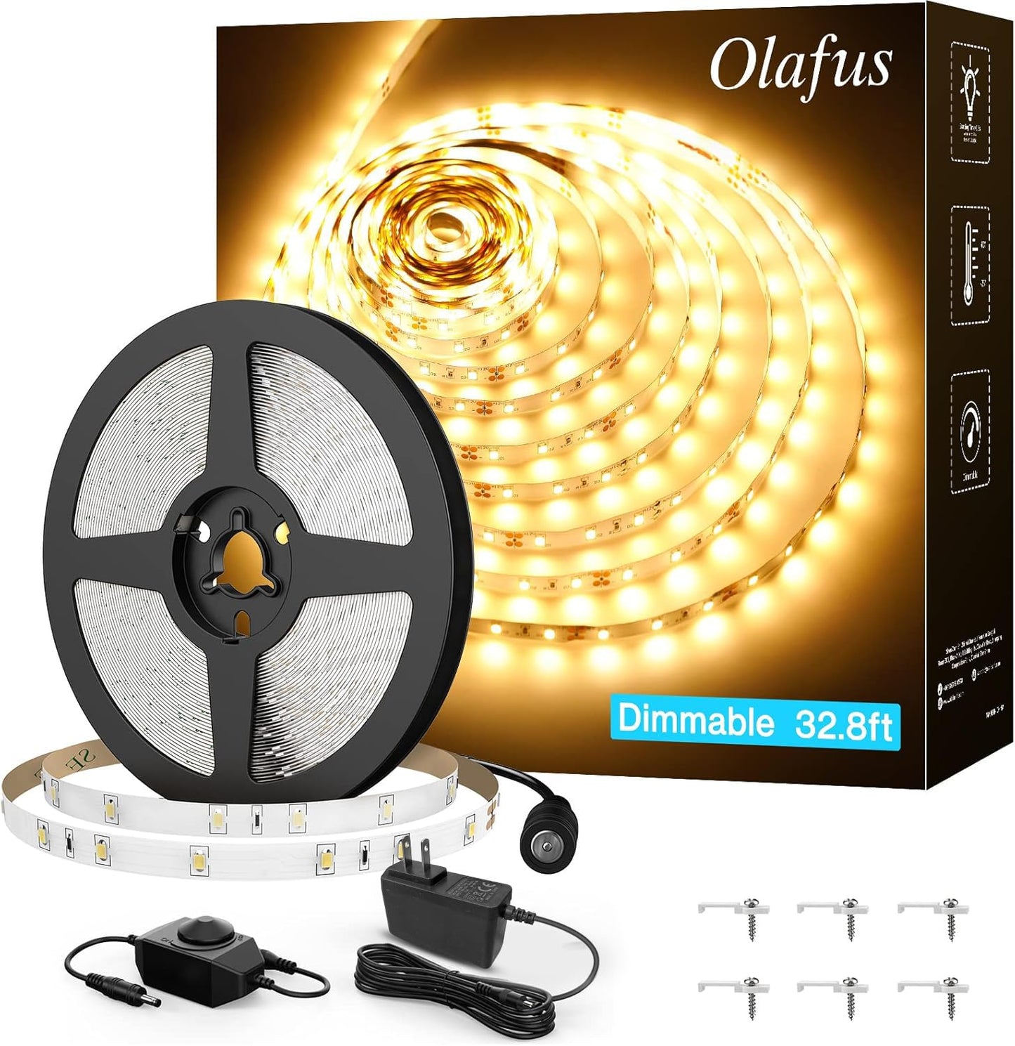 Olafus 32.8ft LED Strip Lights Warm White, Dimmable Soft White Light Strip 3000K with Adhesive Clips, 12V 10M Flexible Led Lights for Bedroom Indoor