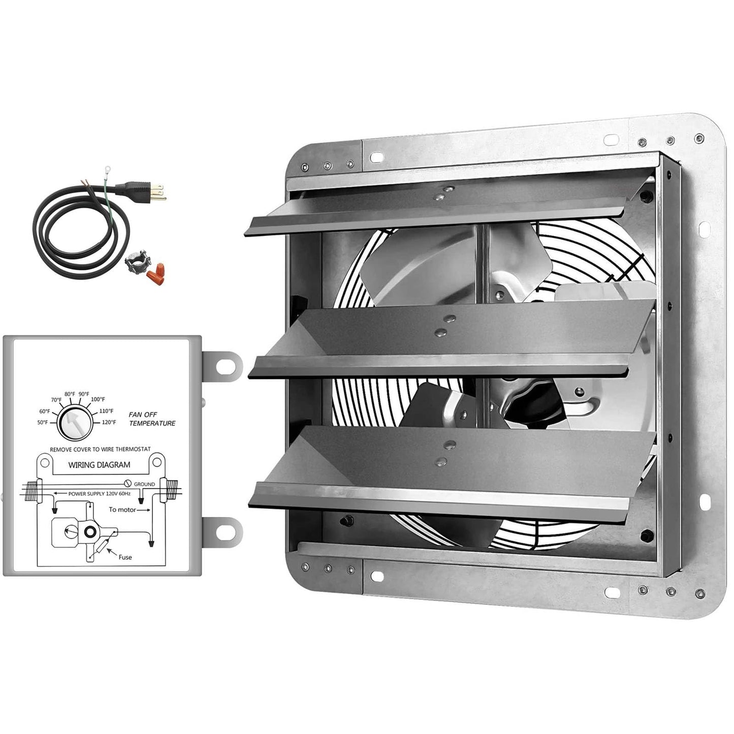 Simple Deluxe 20 Inch Wall Mounted Shutter Exhaust Fan with Temperature Controller and Power Cord Kit, Aluminum, 1200 RPM, 3368 CFM, for Attic