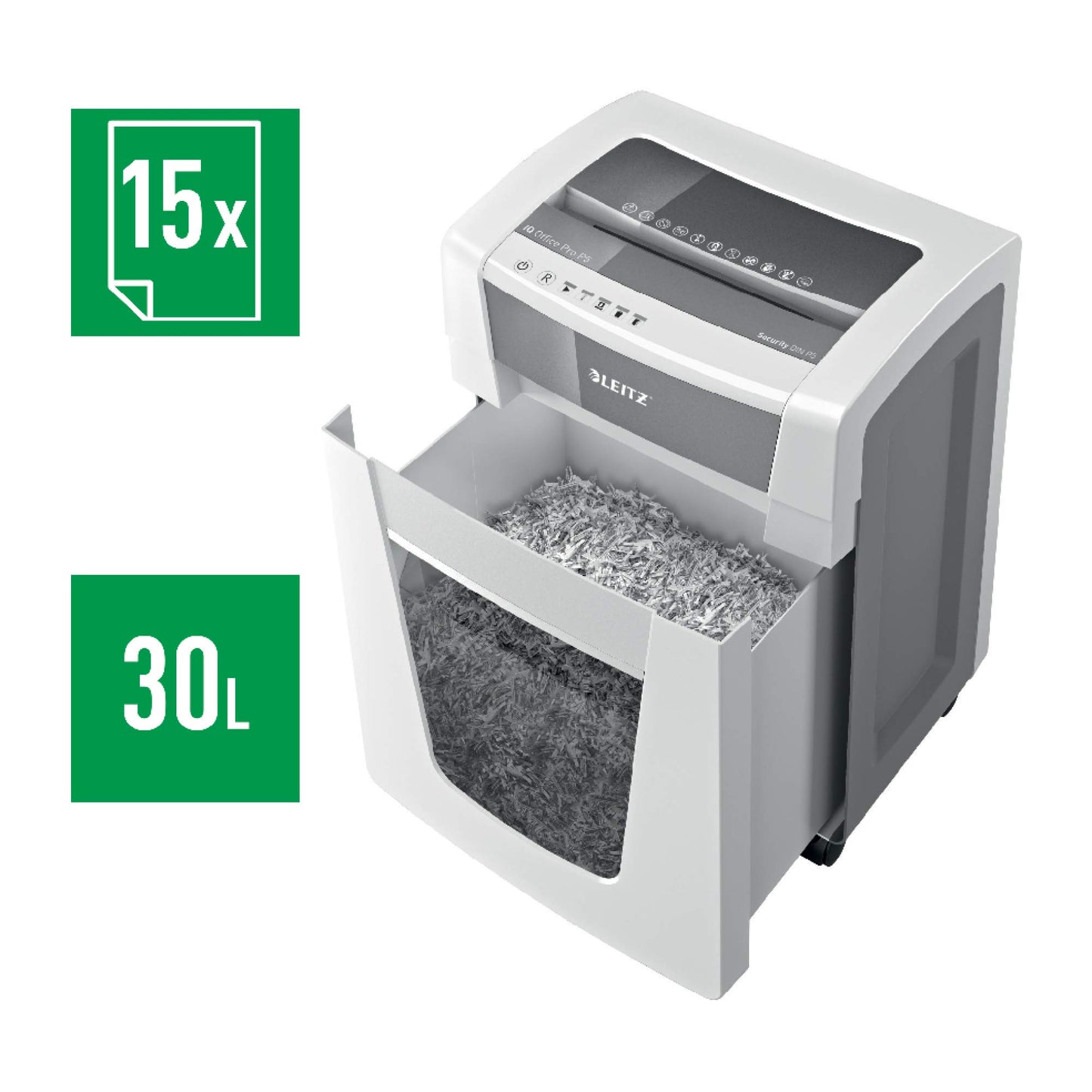 Leitz IQ Office Pro Chipper CH, Micro Cut, Safety Level P5, Capacity 15 Sheets, 30 Litre Waste Bin, Swiss Plug, White, 80052000