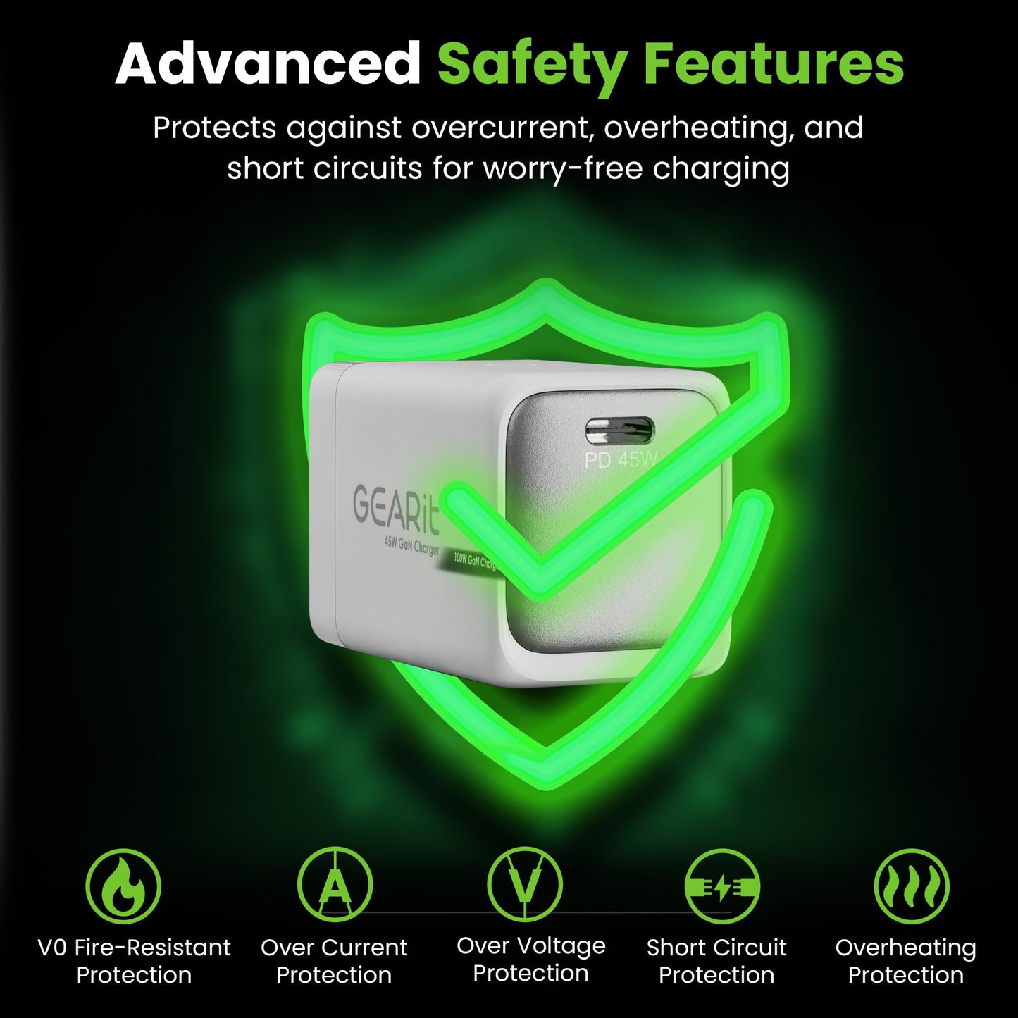 GEARit Compatible with Apple, Samsung, iPhone, iPad | 45W USB C Charger Block | Foldable GaN Wall Charger Box | Fast Charging Wall Plug Power Adapter