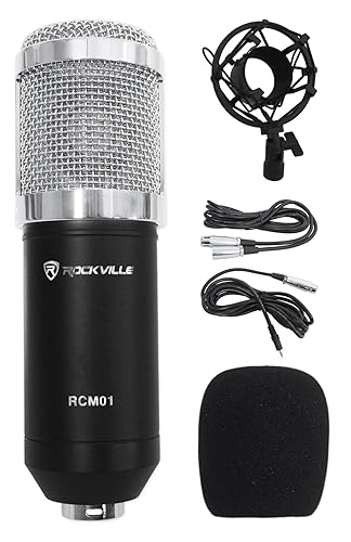 Rockville RCM01 Pro Studio Condenser Microphone, 200 Ohm, Cardioid Pattern, Metal Shock Mount, 30Hz-20kHz Frequency, XLR and 3.5mm Cables, for Vocals