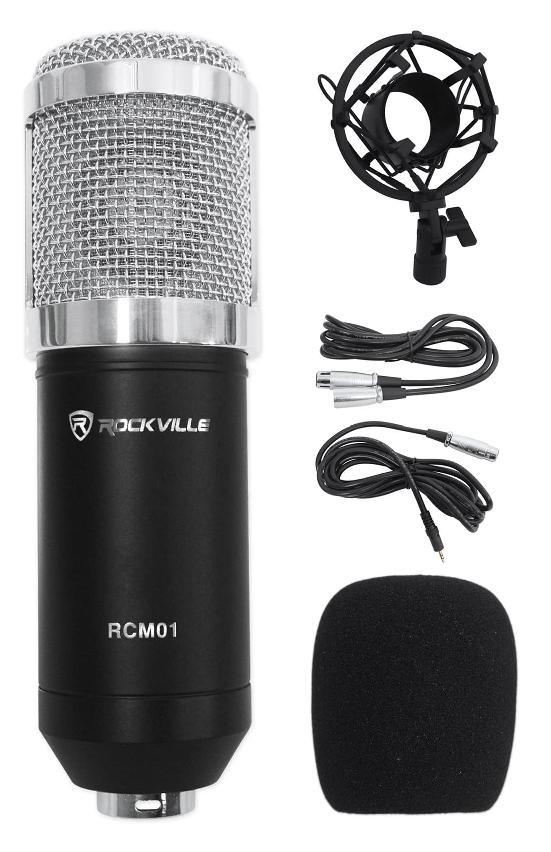 Rockville RCM01 Pro Studio Condenser Microphone, 200 Ohm, Cardioid Pattern, Metal Shock Mount, 30Hz-20kHz Frequency, XLR and 3.5mm Cables, for Vocals