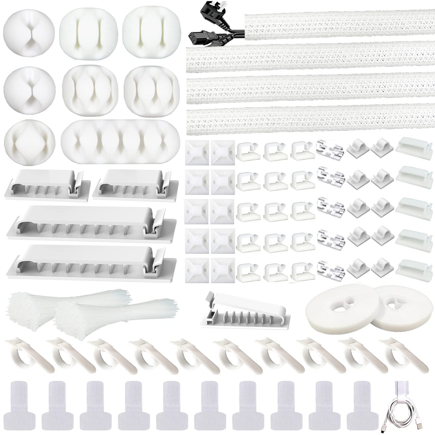 DRIVUU White Cable Management Organizer Kit 4 Cable Sleeve Split,47Cable Clips 12Cord Clips Holder,22 Cable Ties, 20 Adhesive Wall Cable Tie