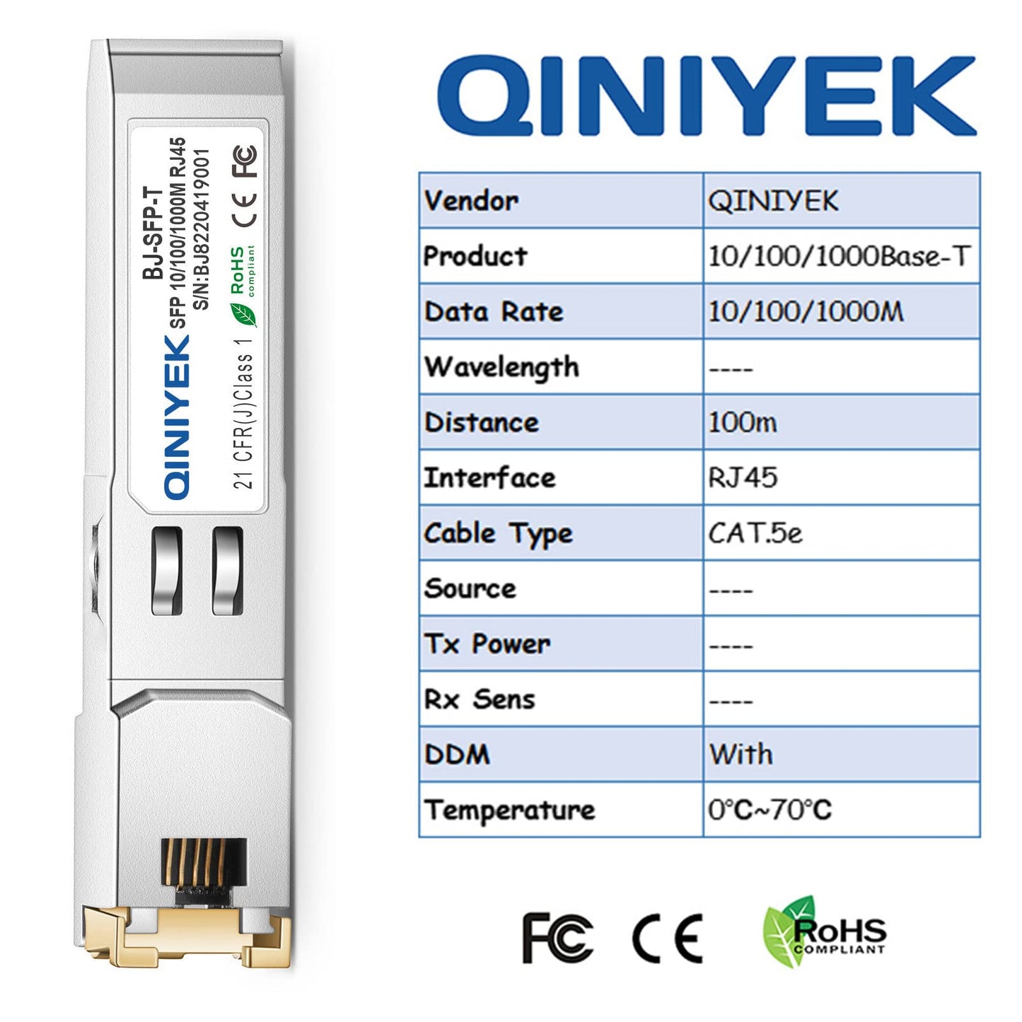 QINIYEK 2Pack 10/100/1000BASE-T RJ45 Copper SFP Ethernet Module, Gigabit SFP to RJ45 Mini-GBIC Transceiver for Cisco GLC-T/SFP-GE-T/GLC-TA, Mikrotik