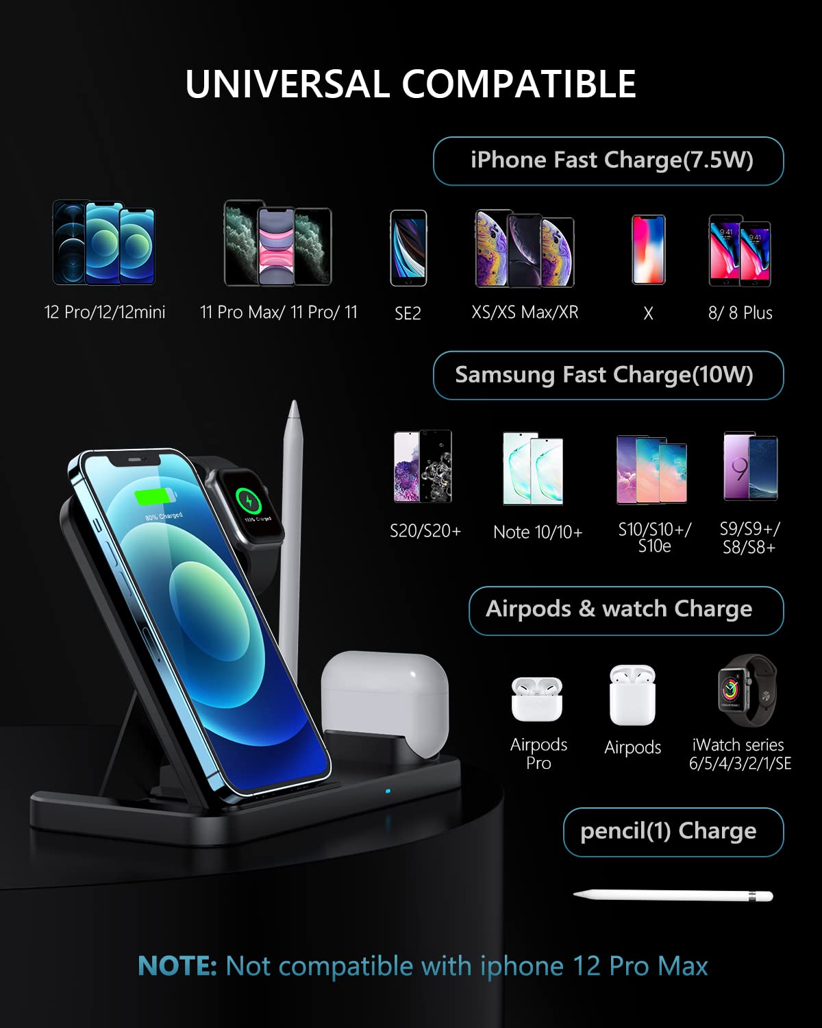 Wireless Charger, 4 in 1 Fast Wireless Charging Station Compatible with Apple Watch Airpods Pro iPhone 12/12 Pro/11/11 Pro/8/X, Wireless Charging
