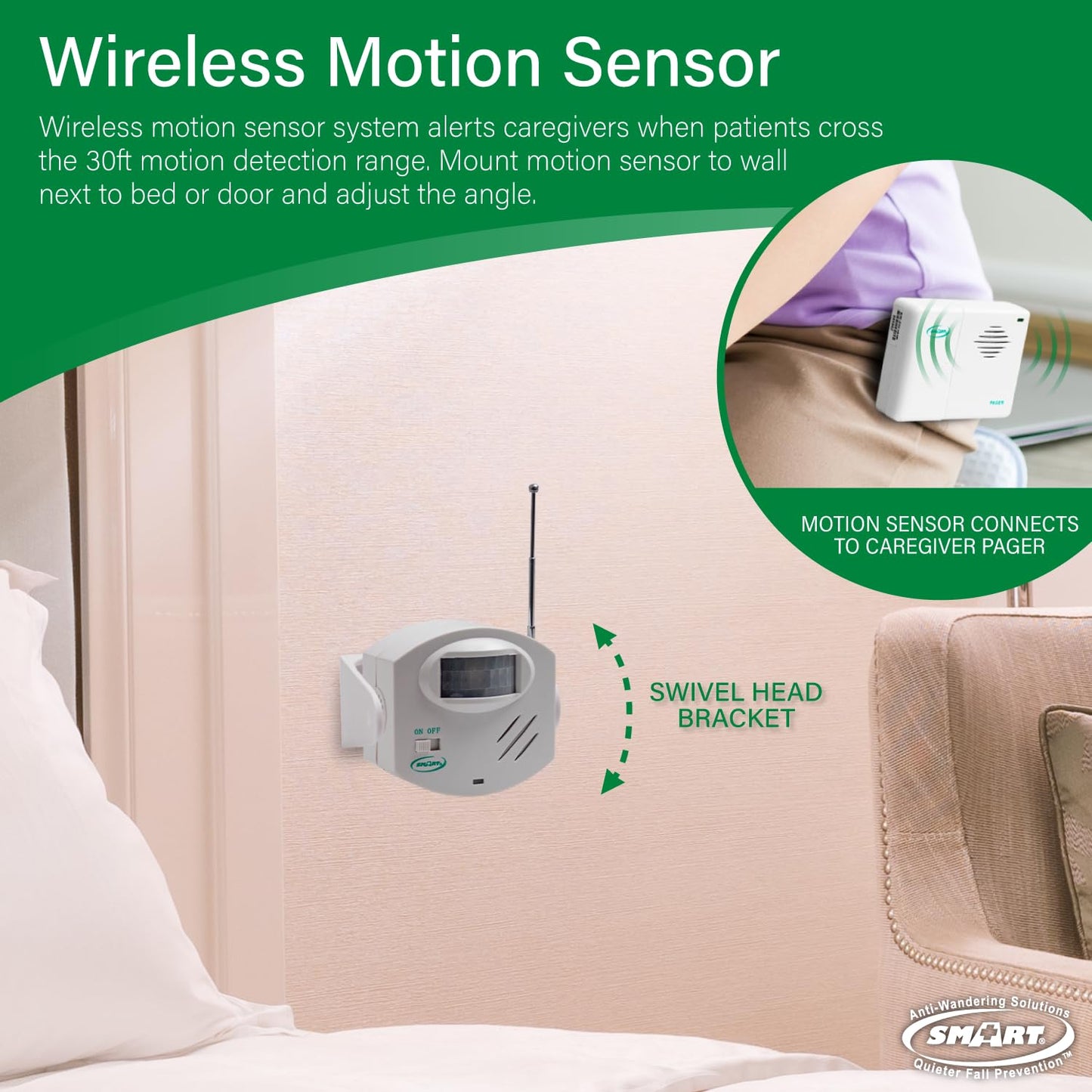 Smart Caregiver Wireless Motion Sensor Alarm System with Pager for Fall and Wandering Prevention | Mountable Motion Detector Alarm Alerts Medical