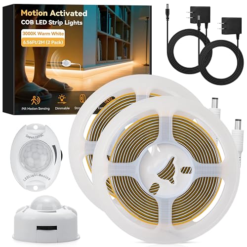 HOUHUI Under Bed Lights Motion Sensor COB LED Strip, 2 x 6.56Ft Warm White Motion Activated LED Light Strip for Bedside, 12V Dimmable Motion Sensor