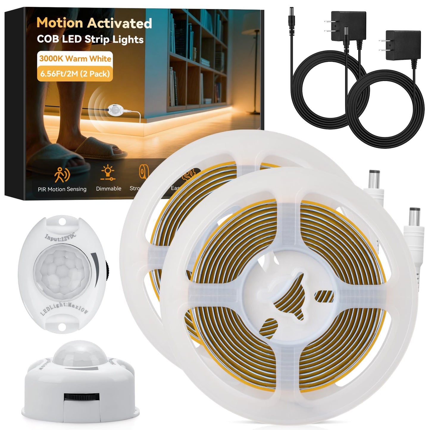 HOUHUI Under Bed Lights Motion Sensor COB LED Strip, 2 x 6.56Ft Warm White Motion Activated LED Light Strip for Bedside, 12V Dimmable Motion Sensor