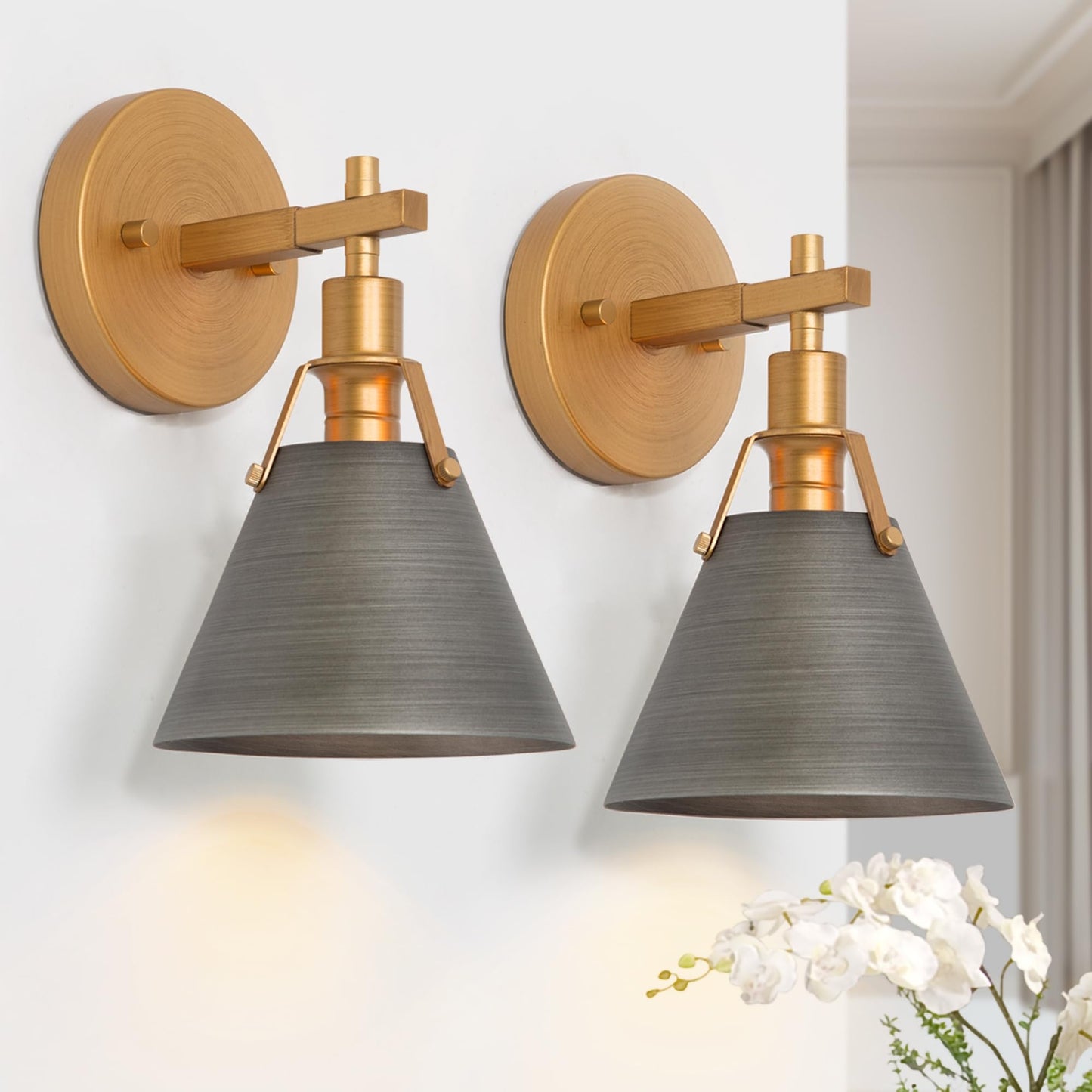 GEPOW Gold Wall Sconce 2 Pack, Modern Antique Wall Mounted Light Fixture for Bedroom, Bathroom, Living Room, and Hallway, Vintage Brass and Brushed