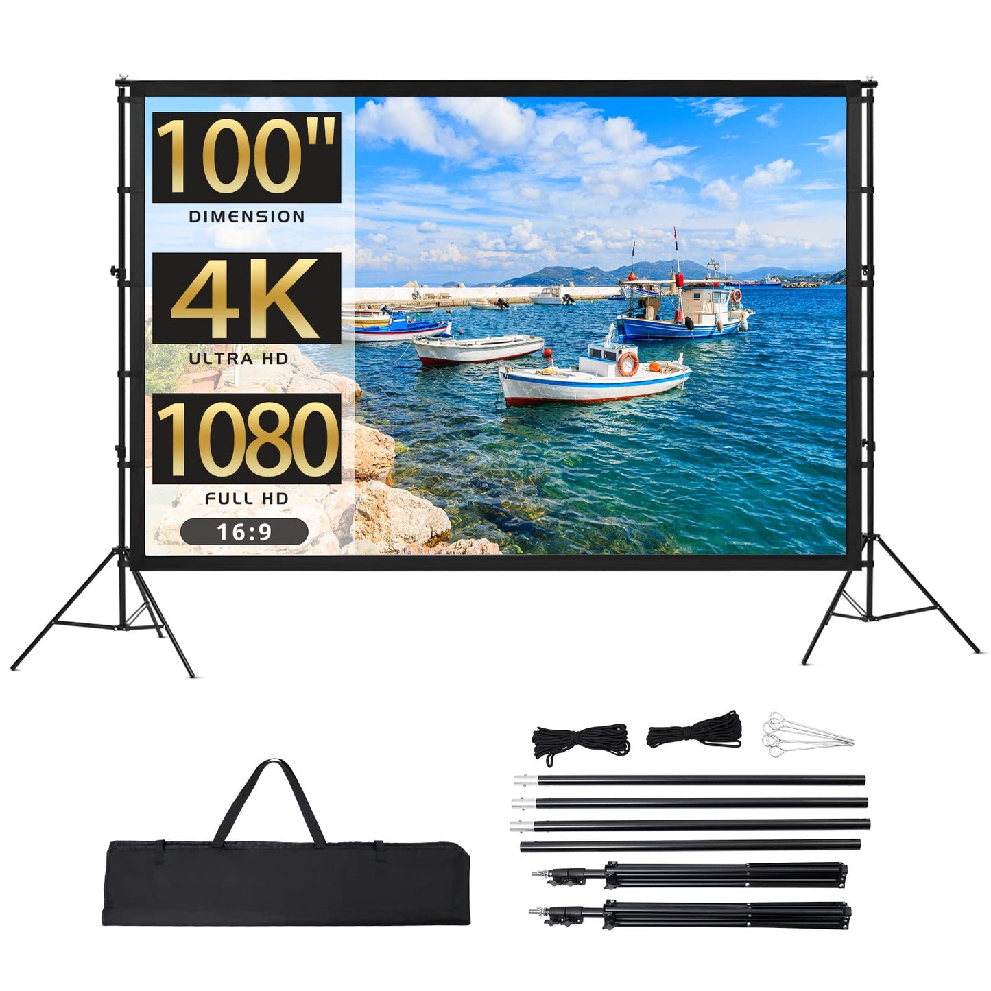 Projector Screen with Stand, Towallmark 100 inch Portable Projection Screen, 16:9 4K HD Rear & Front Projections Movies Screen with Carry Bag,