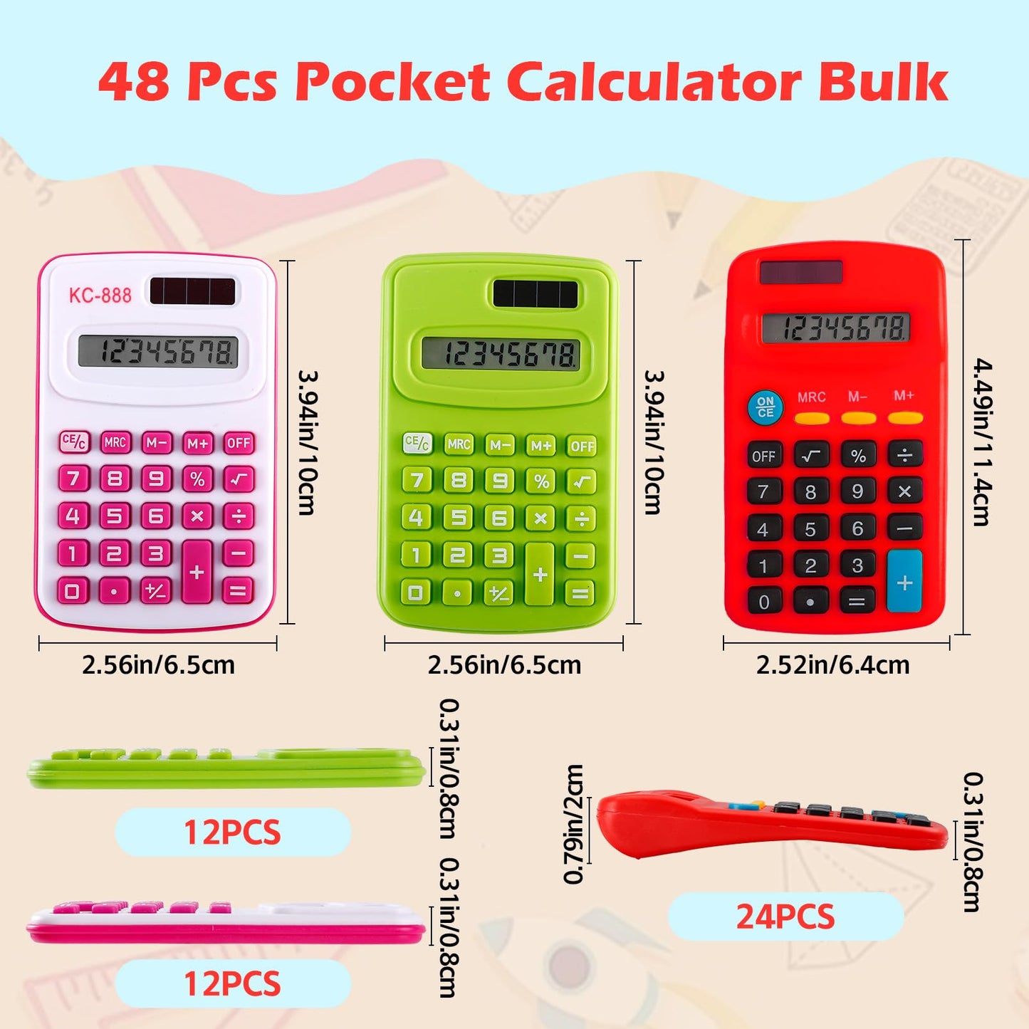 CACASO 48 Pcs Pocket Calculator,Pocket Size Basic Calculators,8 Digit Display Solar Battery Dual Power Desktop Calculators,Mini Calculator