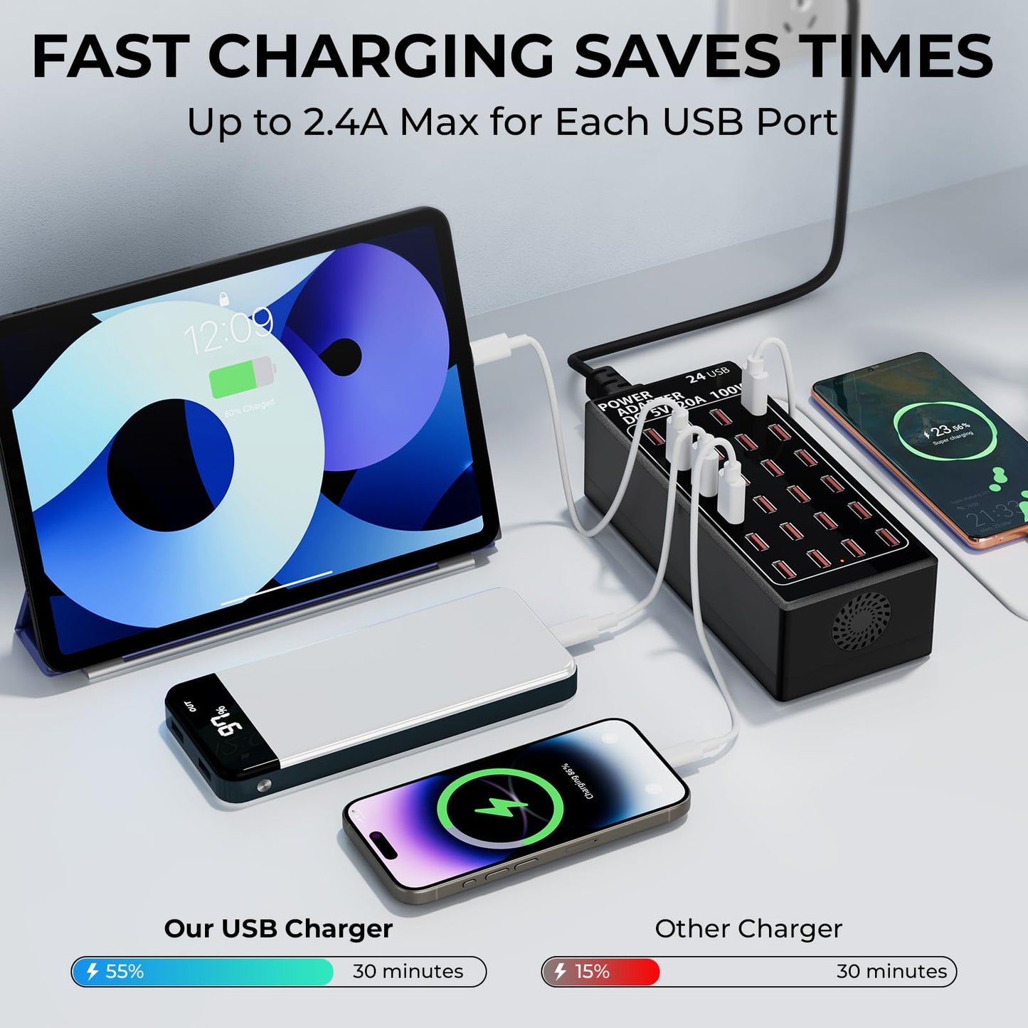 USB Charging Station, 100W/20A 24 Port Desktop Multiple Device Charger Station, Multi Ports Fast Phone Charging Station Organizer, Suitable for School