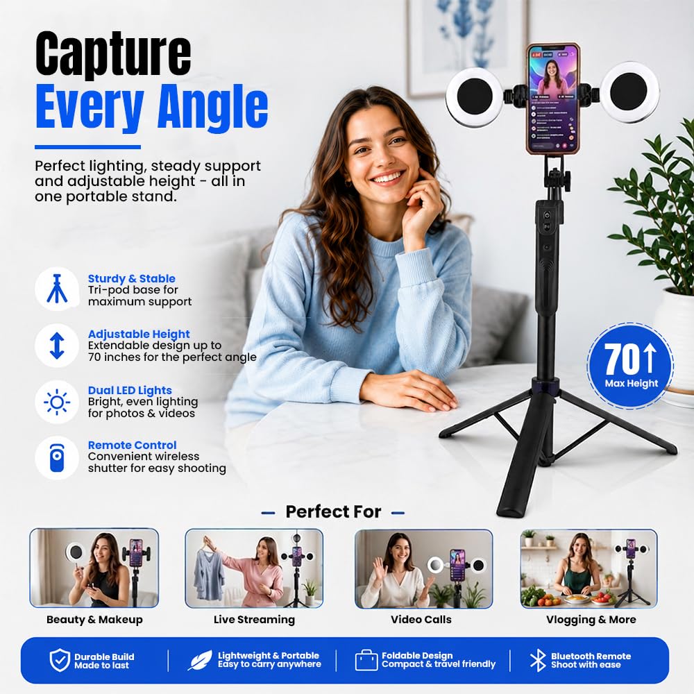 70" Auto Face Tracking Tripod for iPhone with Light, 360° Rotating Selfie Stick for Android with Remote & Gesture Control, Phone Holder Video