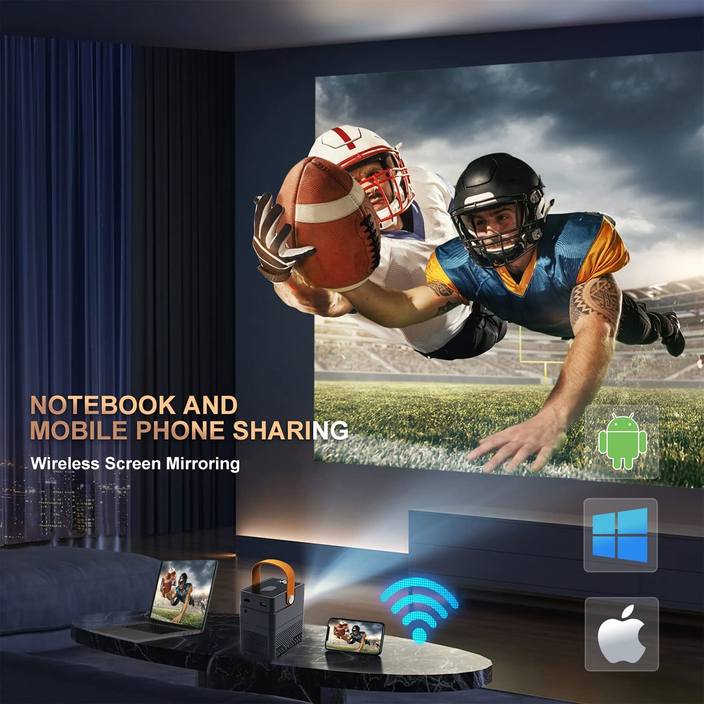 Portable WiFi Bluetooth Projector, JIMTAB V1 Outdoor Projector Full HD 1080P Supported, Mini Movie Projector with Foldable Carry Bag Dual Speakers