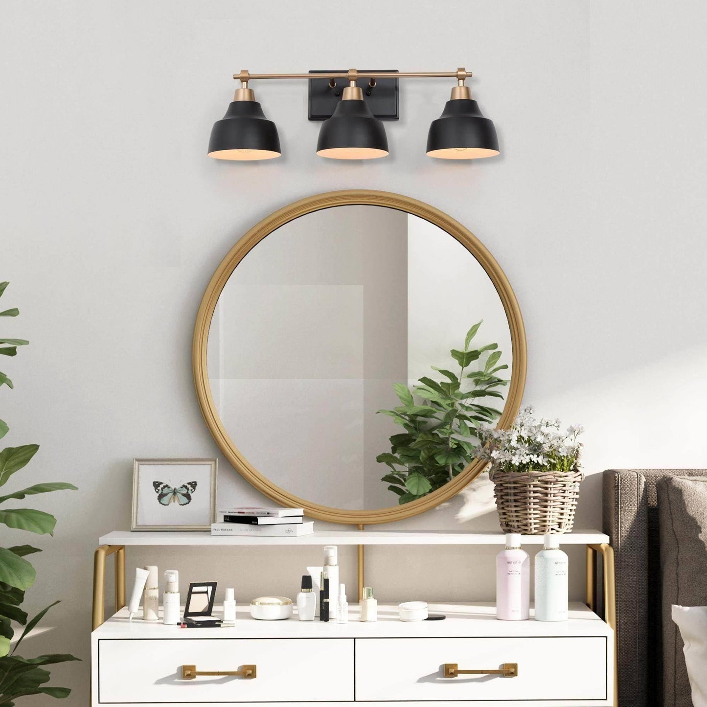GEPOW Bathroom Wall Light Fixtures, 3-Light Black Gold Vanity Light, Modern Farmhouse Wall Lamp Over Mirror for Hallway, Bedroom, Kitchen, and Living