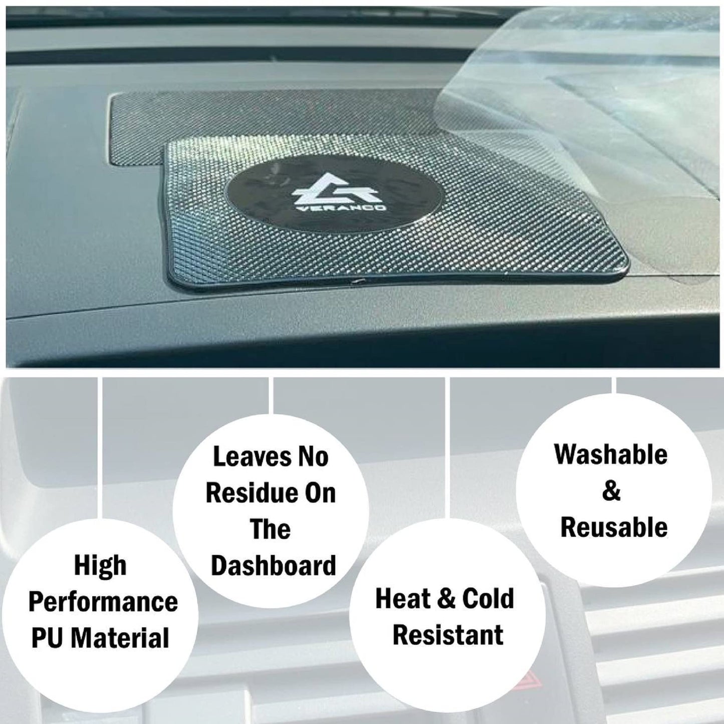 A VERANCO Car Dashboard Mat, 5.5x6.3 inches, PU Gel Material, Black, Universal Fit, Multifunction Anti-Slip Mat for Phone Holder, Radar Detector