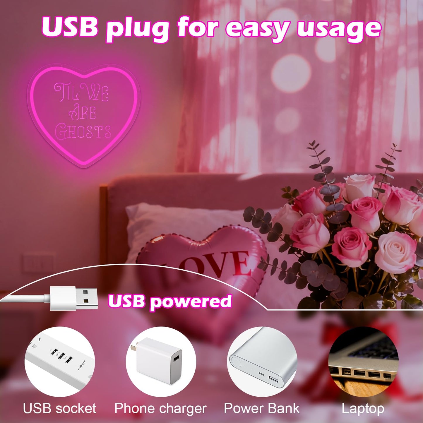 Heart Neon Sign Love Neon Light Signs for Wall Decor Dimmable Valentine's Day Neon Decorations for Party Bedroom Living Room Til We Are Ghosts LED