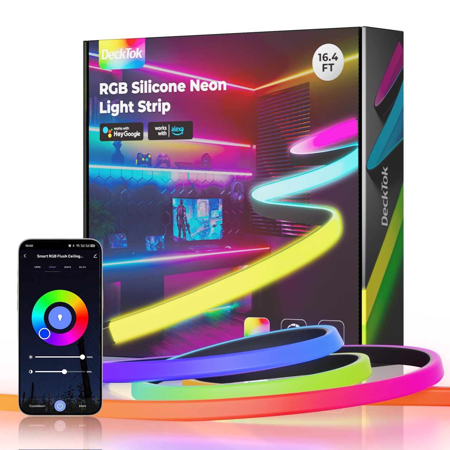 DeckTok LED Strip Light 9.84ft, RGB IP65 Waterproof LED Lights, Smart Strip Light with Music Sync, Timer, Color Changing, Compatible with Alexa