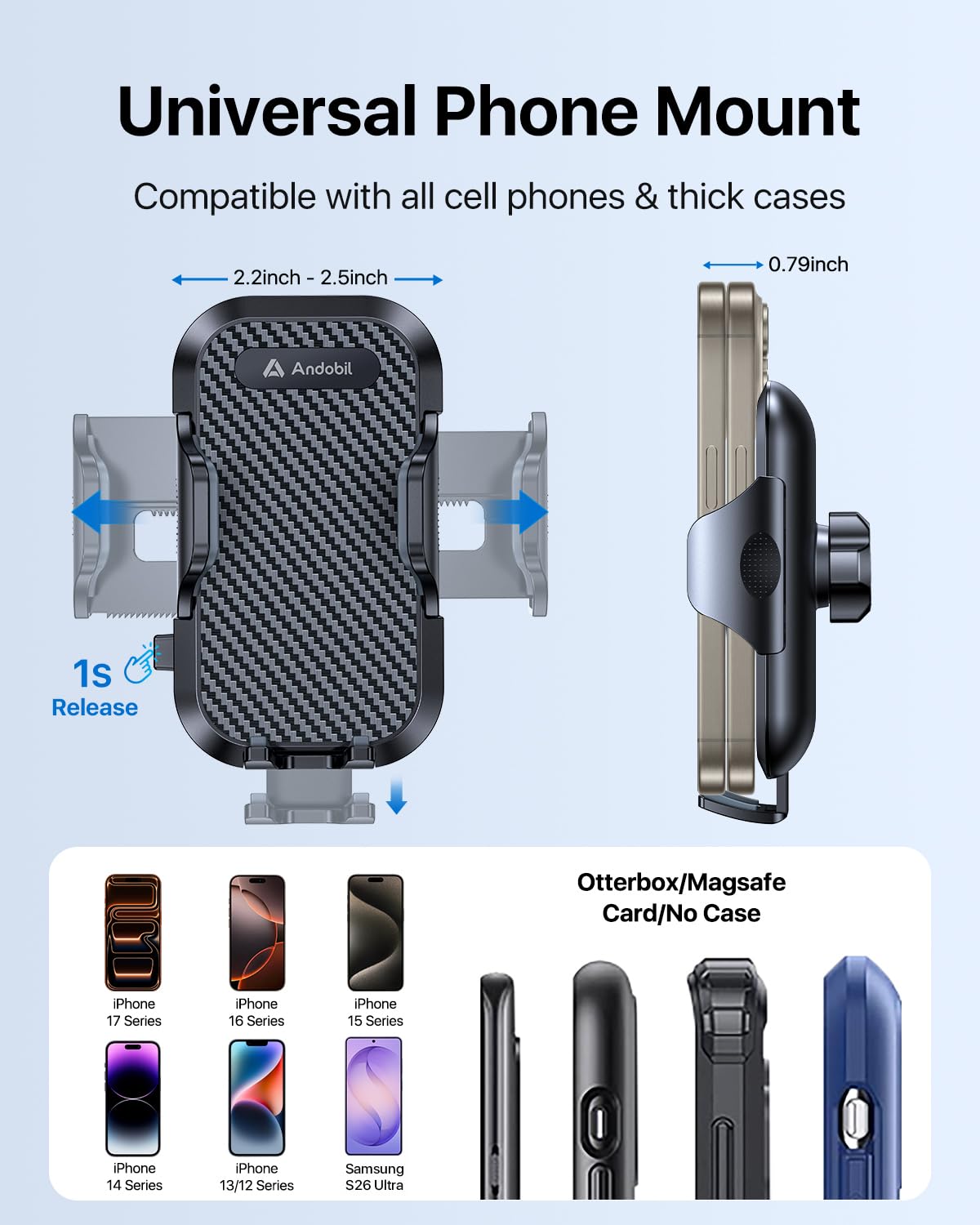 andobil Car Phone Holder, 2026 Military-Grade 89lbs Strongest Suction Phone Holders for Your Car Dashboard/Windshield/Vent Easy Clamp Car Phone Mount