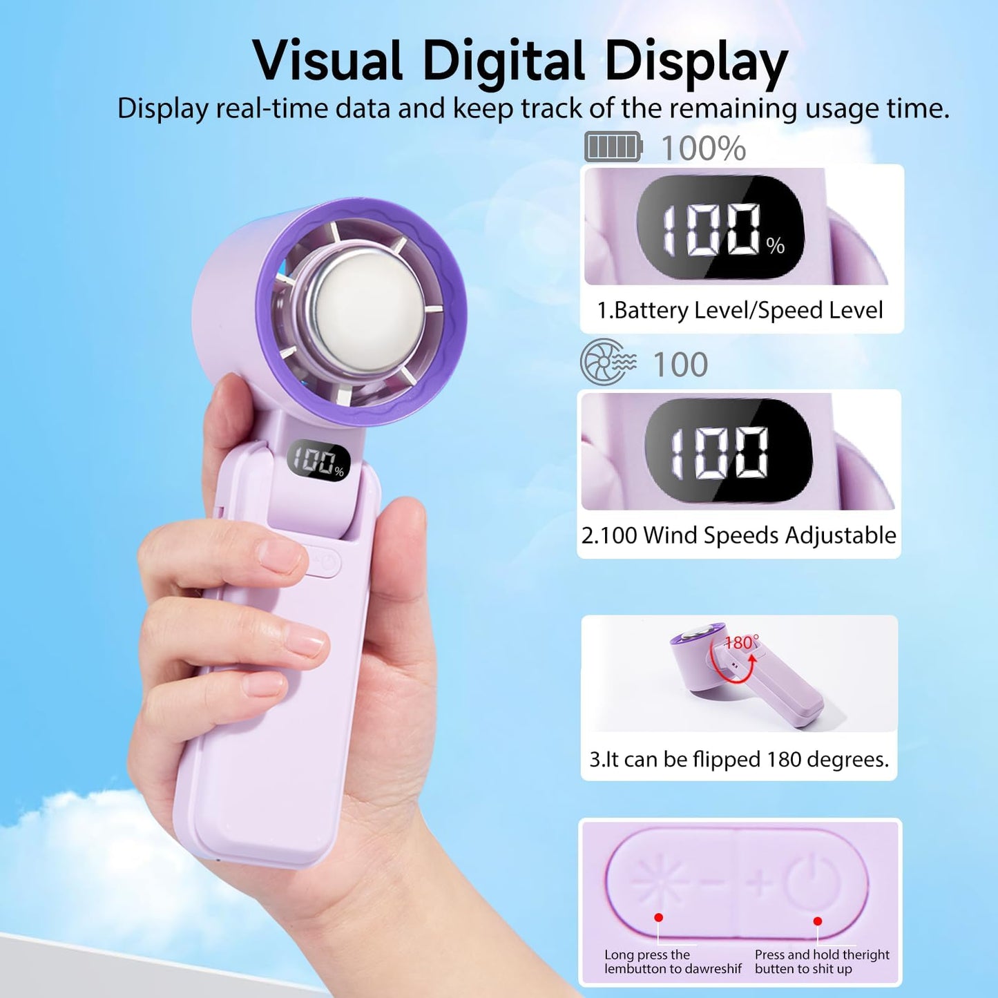 Portable Handheld Turbo Fan, 3 IN 1 High-Speed(1-100) Adjustable Mini Fan Up to 14H Cooling Time, 3600mAh Rechargeable, Digital Display, Personal