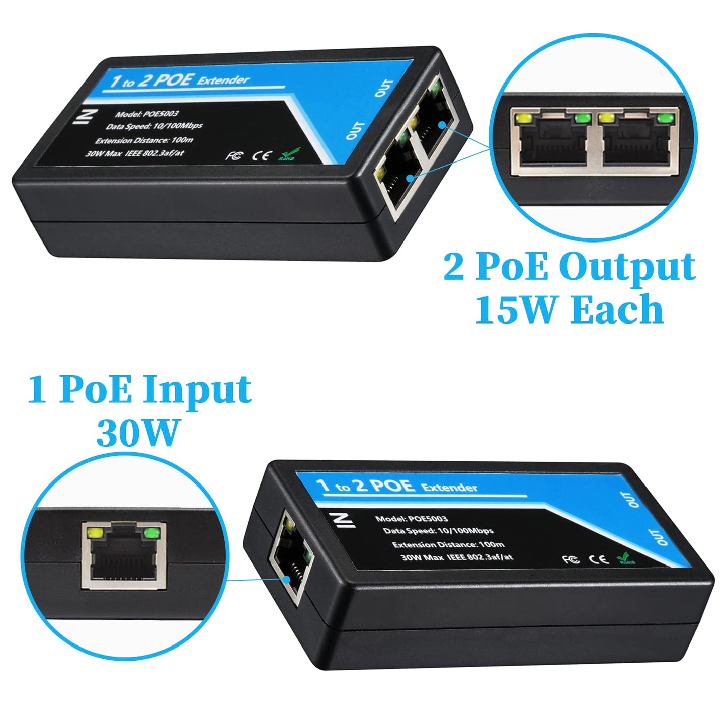 Revotech 2 Port POE Extender POE+ Repeater 100 Meters(328 ft) Extender 1 in 2 Out Comply IEEE 802.3af/at Standard 10,100Mbps for Security POE Camera