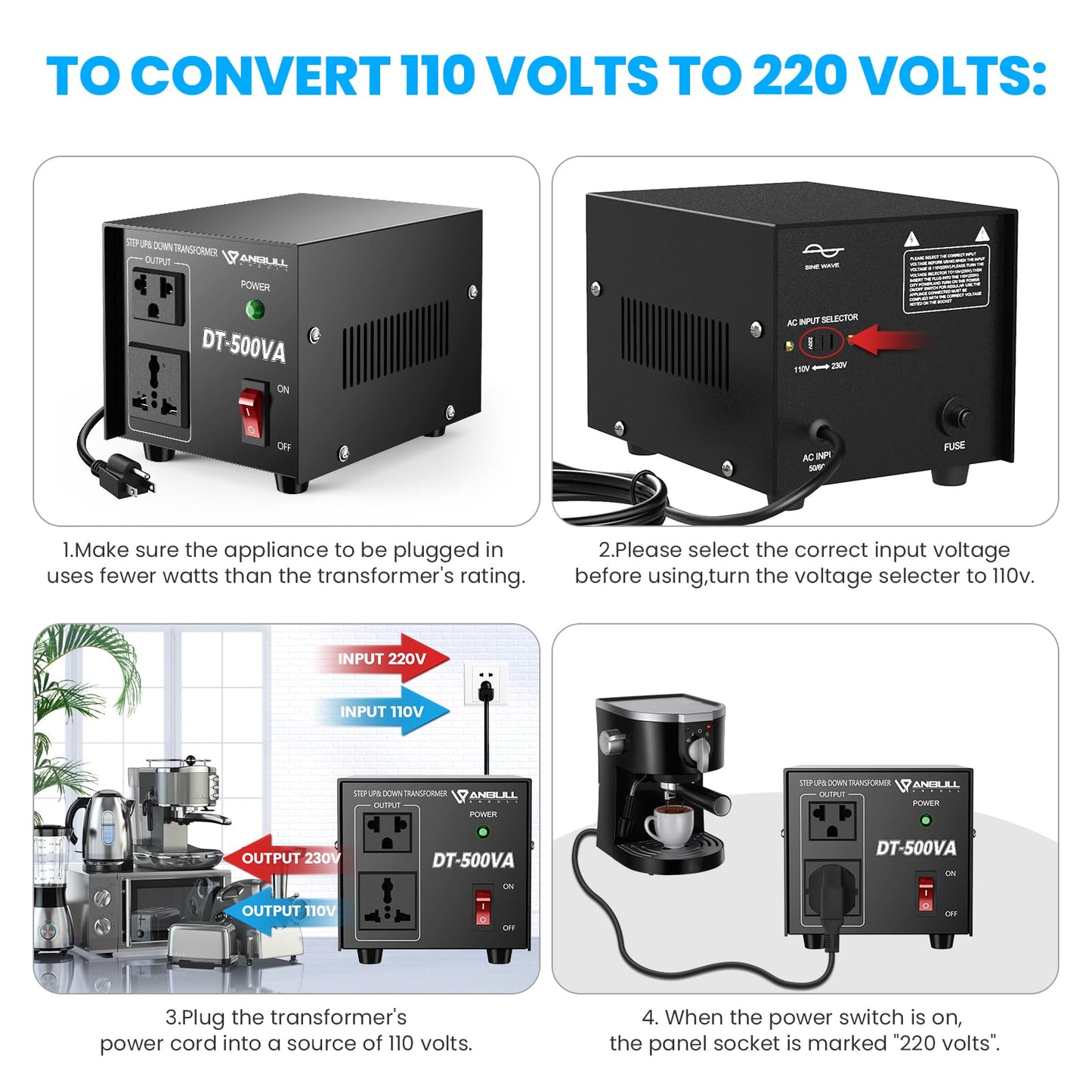 ANBULL DT-500W Voltage Transformer Converter, 110V to 220V, 220V to 110V Step Up/Down Power Converter, Heavy Duty Voltage Converter 50-60Hz