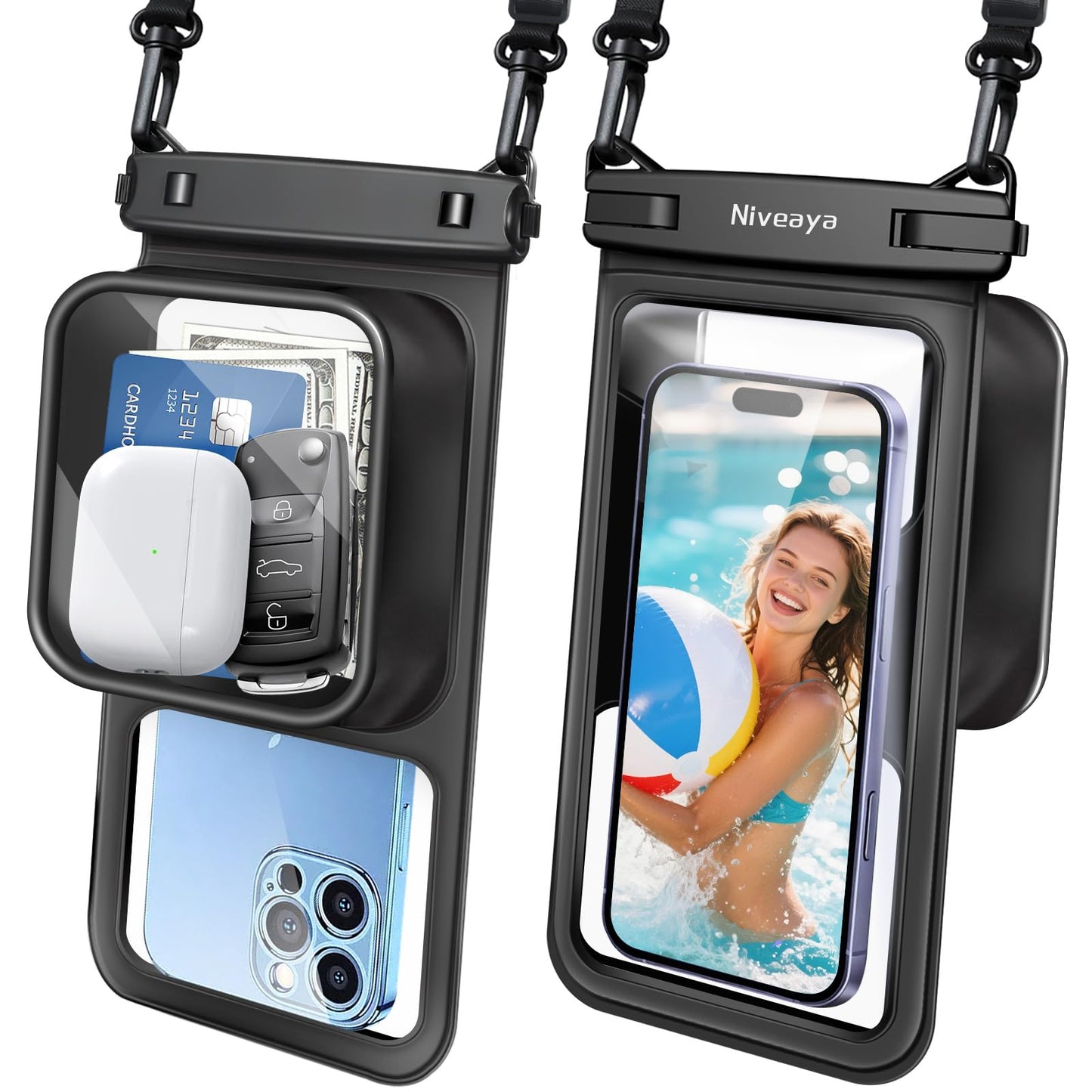 Niveaya [Floatable Floating Waterproof Phone Pouch 2 Pack-Up to 8.5", Large Space Adjustable Neck Lanyard Waterproof Phone Case, Phone Dry Bags