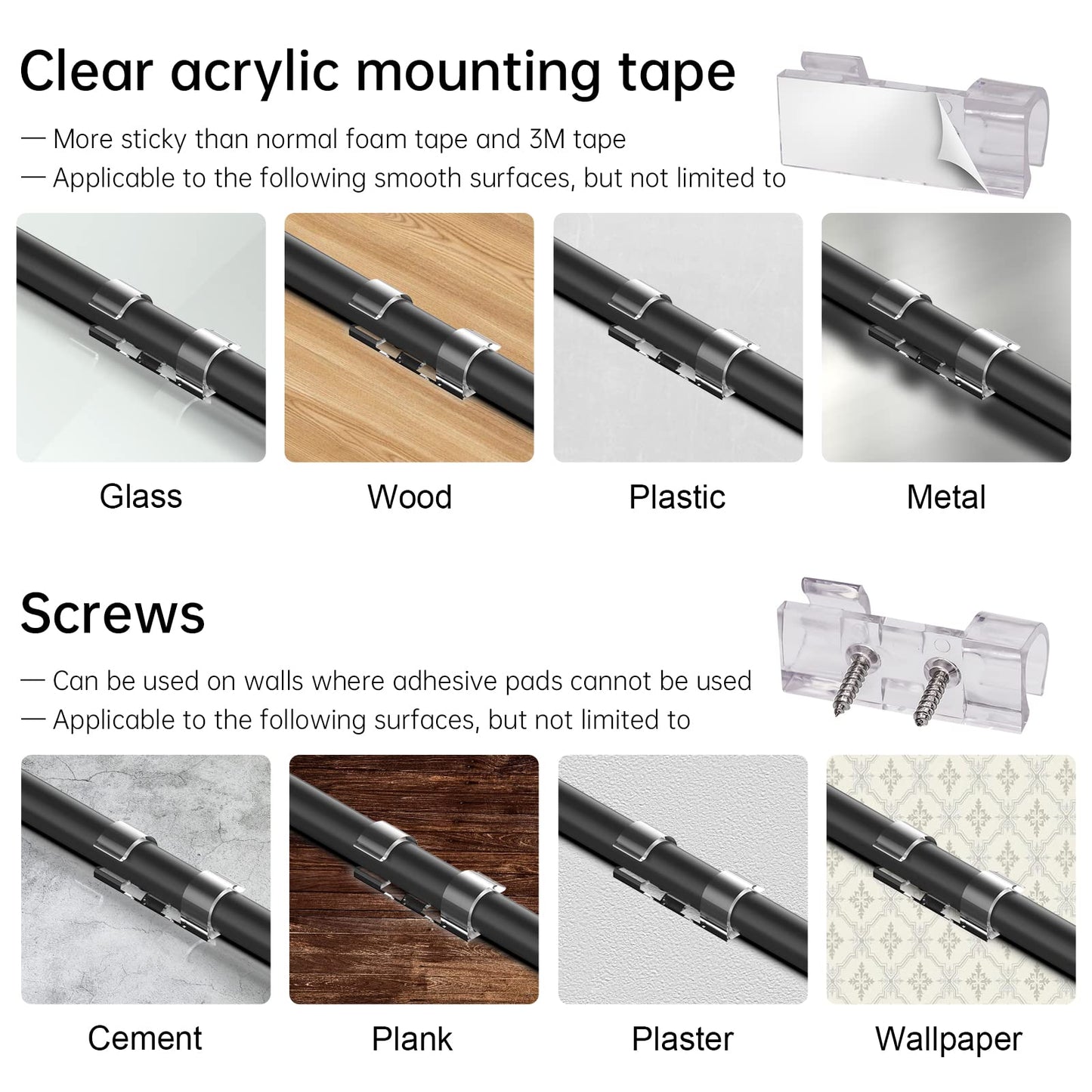 50 Pcs Heavy Duty Cable Clips Transparent with 100 Screws, Attom Tech Clear Self-Adhesive Cable Organizer Cord Management System, Clear Desktop Cable