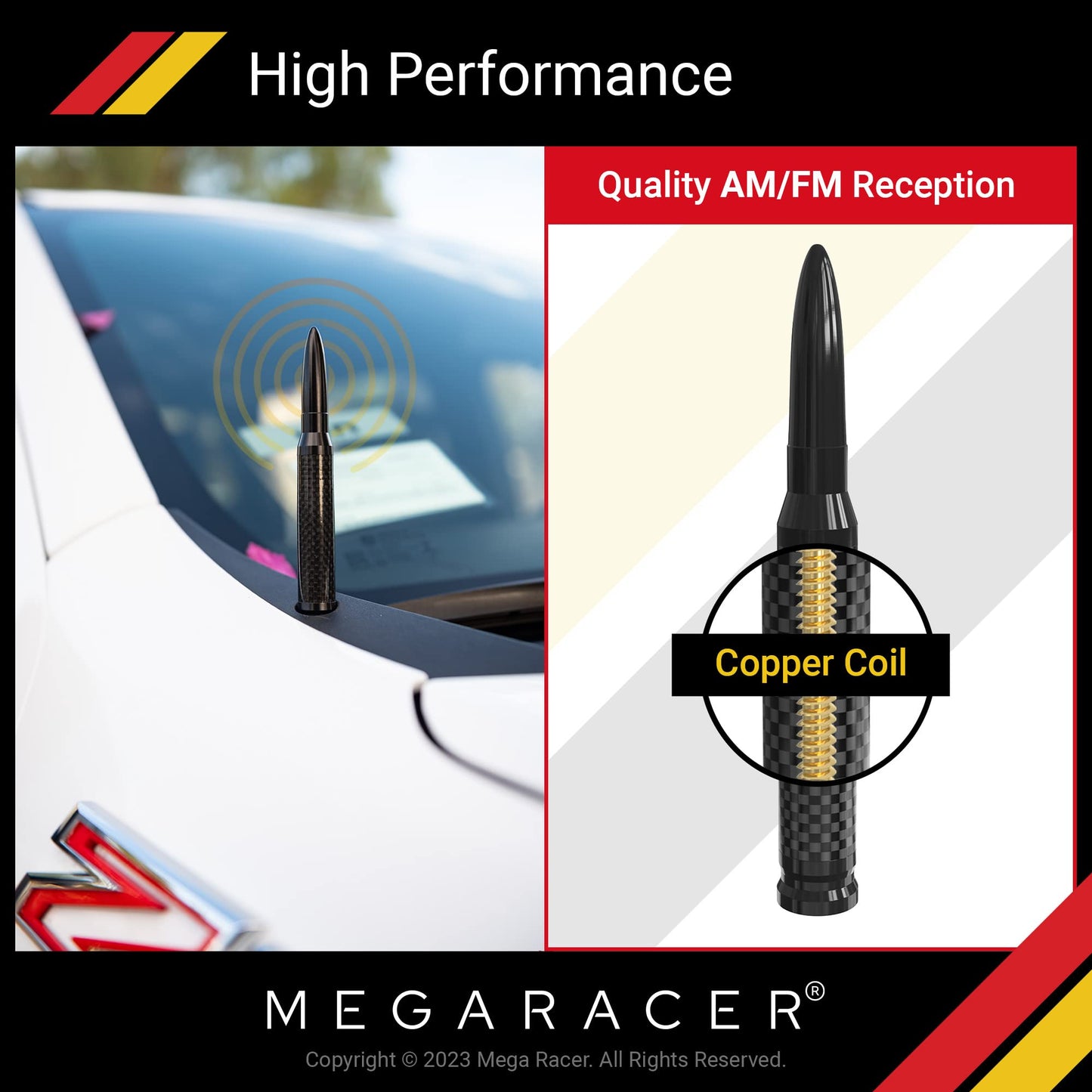 Mega Racer 50 Cal Bullet Antenna - Black Carbon Fiber 5.5 Inch AM/FM Compatible Universal Fit for Truck, Solid Aluminum with Anti-Theft Design and Car