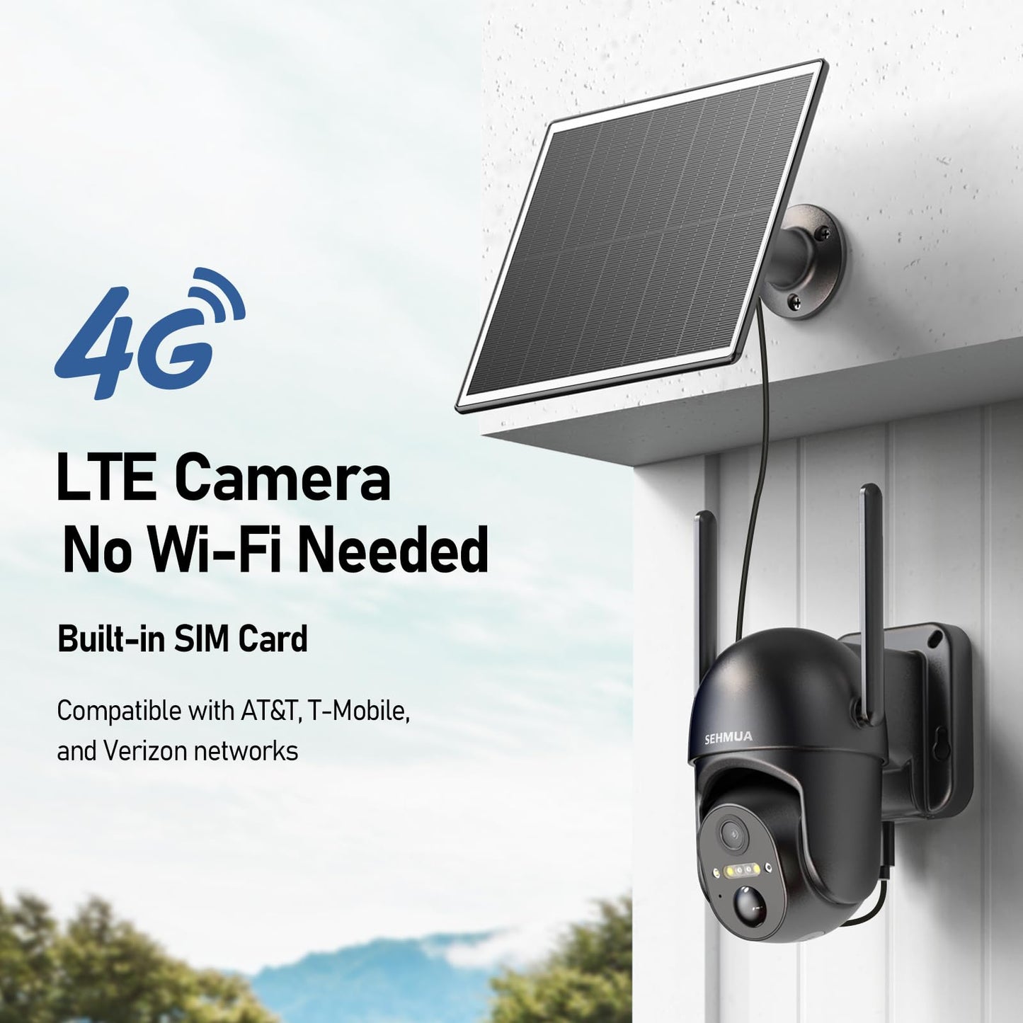 SEHMUA 4G LTE Cellular Solar Security Camera Wireless Outdoor, No WiFi Solar Powered Camera, 360° Live View, 2K Color Night Vision, PIR Motion Sensor