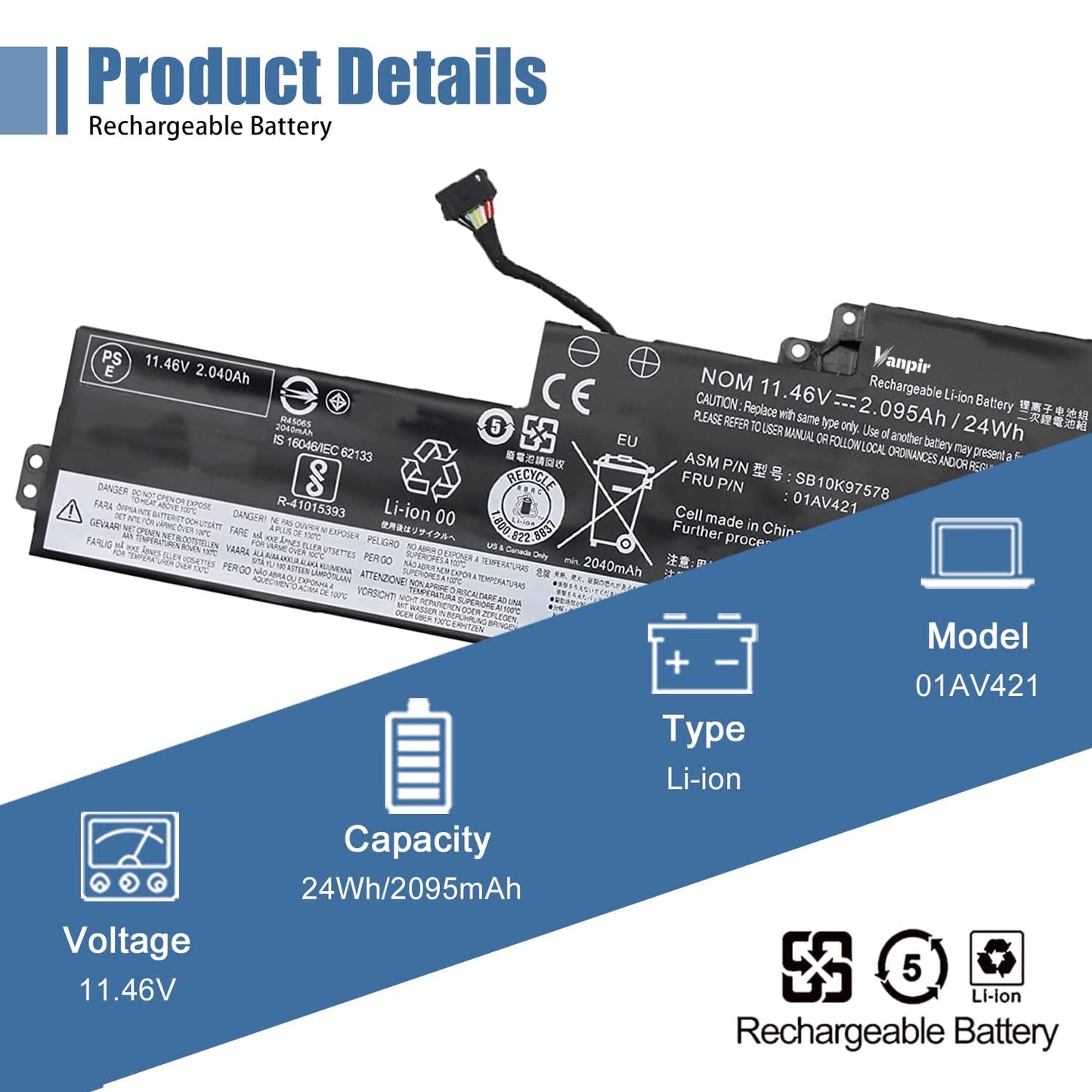 VANPIR 01AV421 T470 T480 Laptop Battery Replacement for Lenovo ThinkPad A475 A485 TP25 Series Notebook SB10K97578 01AV419 01AV420 01AV489 SB10K97576