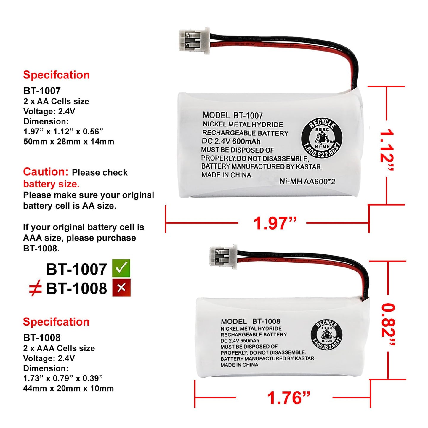 New! Genuine Uniden BBTY0651101 BT-1007 NiMH 600mAh DC 2.4V Rechargeable Cordless Telephone Battery (2-Pack)