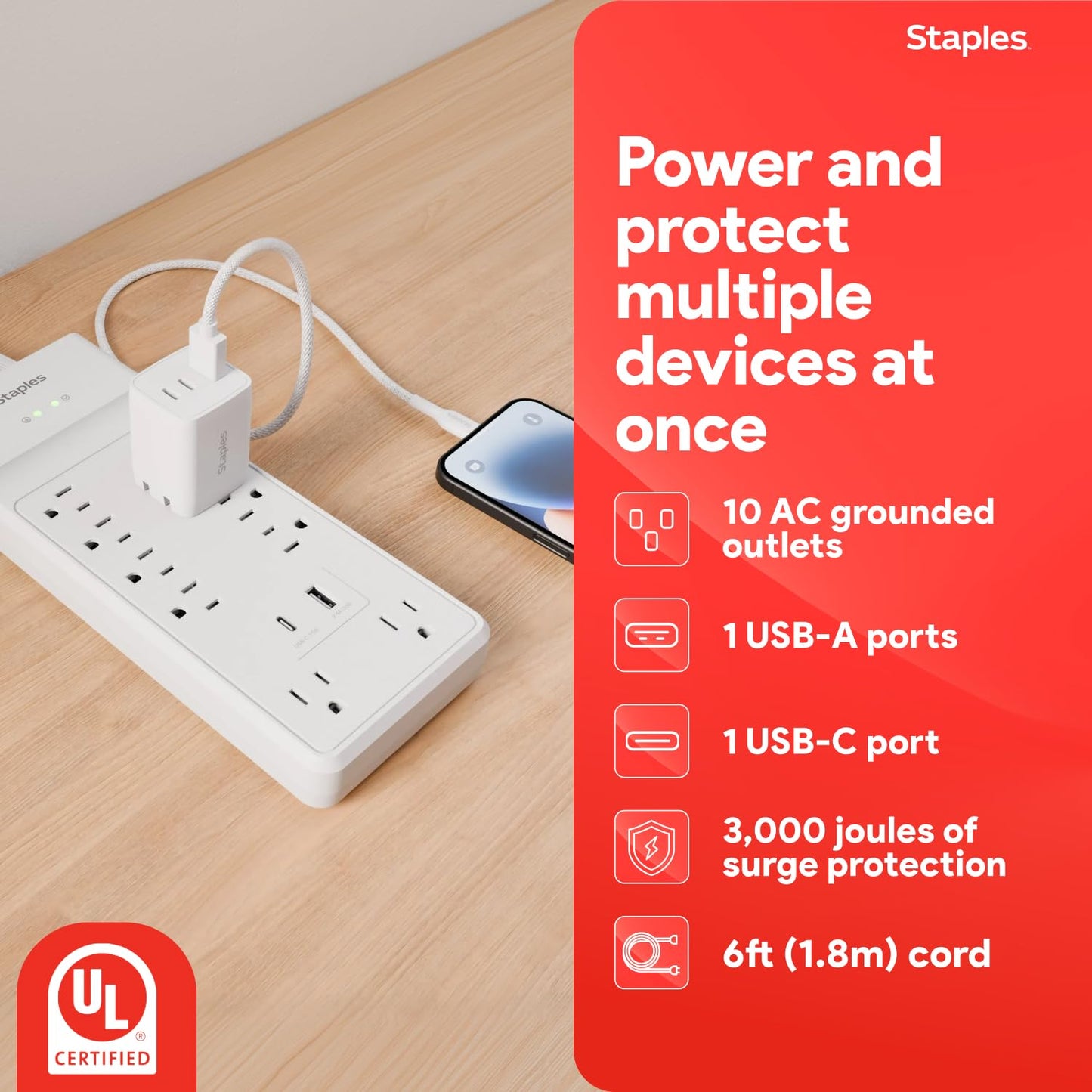 Staples TECH 10?Outlet Surge Protector with 2 USB Charging Ports and 6 ft. Braided Cord with Flat Offset Plug - Ideal for Home & Office, 3000 Joules